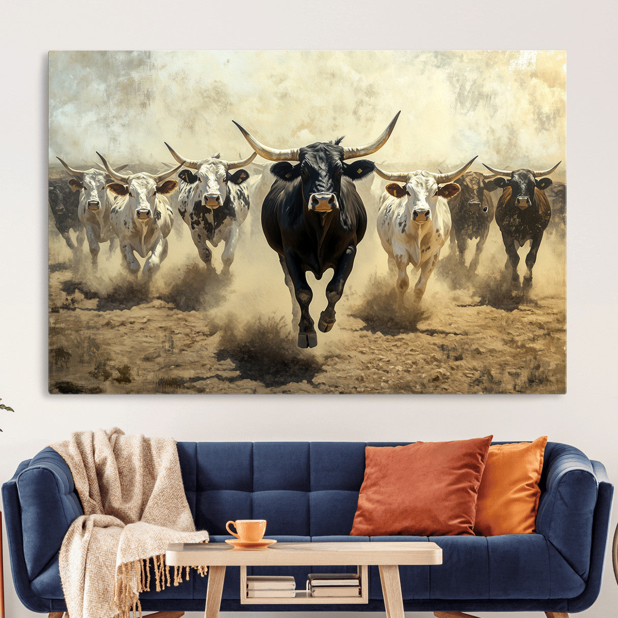 MGV-CV-36X24 - Running Cattle Wall Art – Canvas Print of Western Herd, Dust Stampede, Longhorns, Wild West Ranch, Bold Rustic Farm Decor for Home or Office