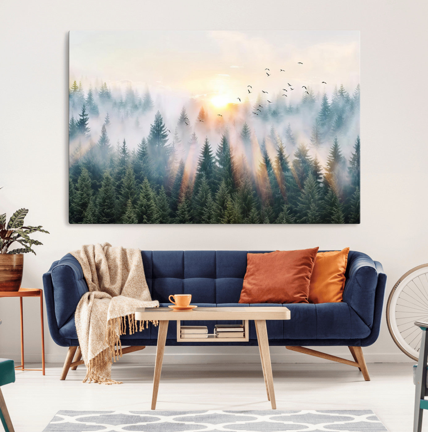 92718976-MGV-CV-36X24-Misty Pine Forest Wall Art Canvas, Sunrise Over Foggy Trees Canvas for Home - Office, Framed