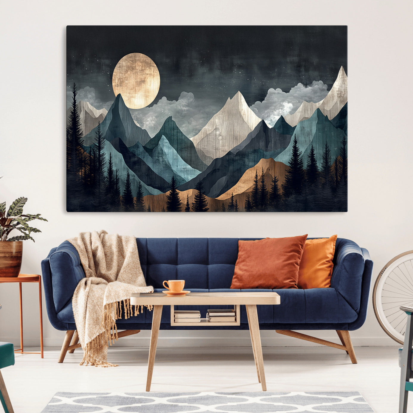 11060882-MGV-CV-36X24-Moonlit Mountain Wall Art Canvas Print – Silhouetted Pines Layered Peaks Tranquil Sky Mist Silver Light Nature Artwork for Home