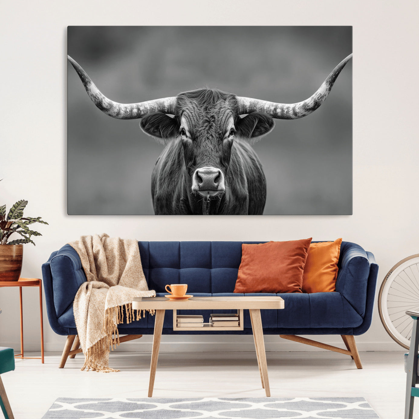 -Framed Texas Longhorn Bull Art Canvas Print, Western Bull Wall Art Print, Long Horn Bull Photo Print