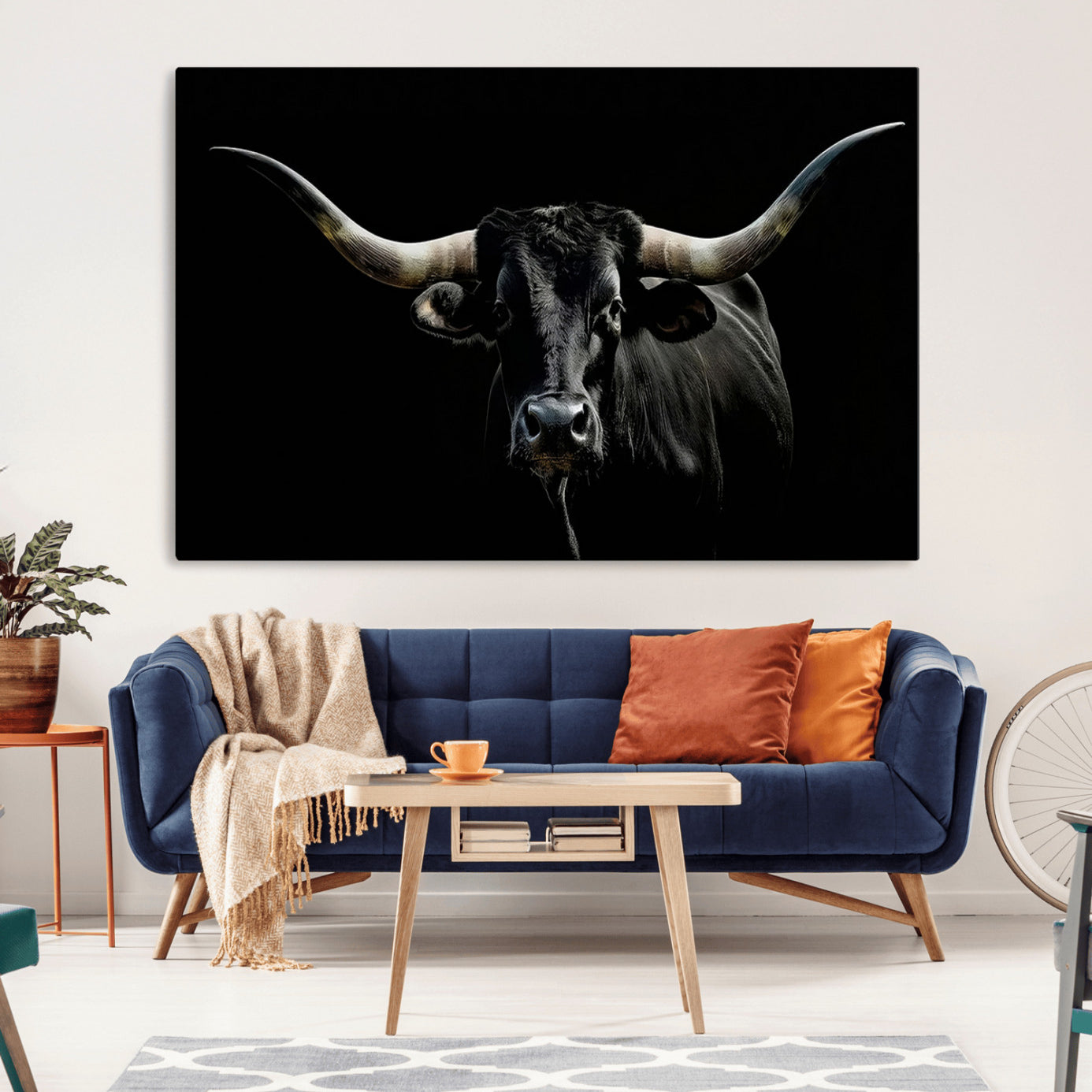 -Texas Black Bull Wall Art Print, Longhorn Bull Canvas Wall Art