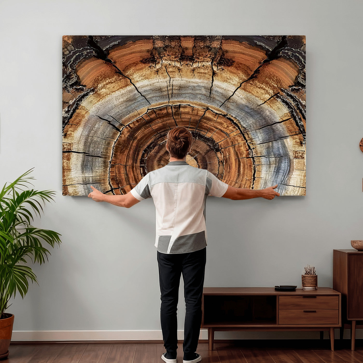 15184146-MGV-CV-36X24 - Tree Rings Wall Art Canvas Print, Framed Wood Texture Art Picture Print, Rustic Pattern Perfect Rustic Organic Decor Artwork