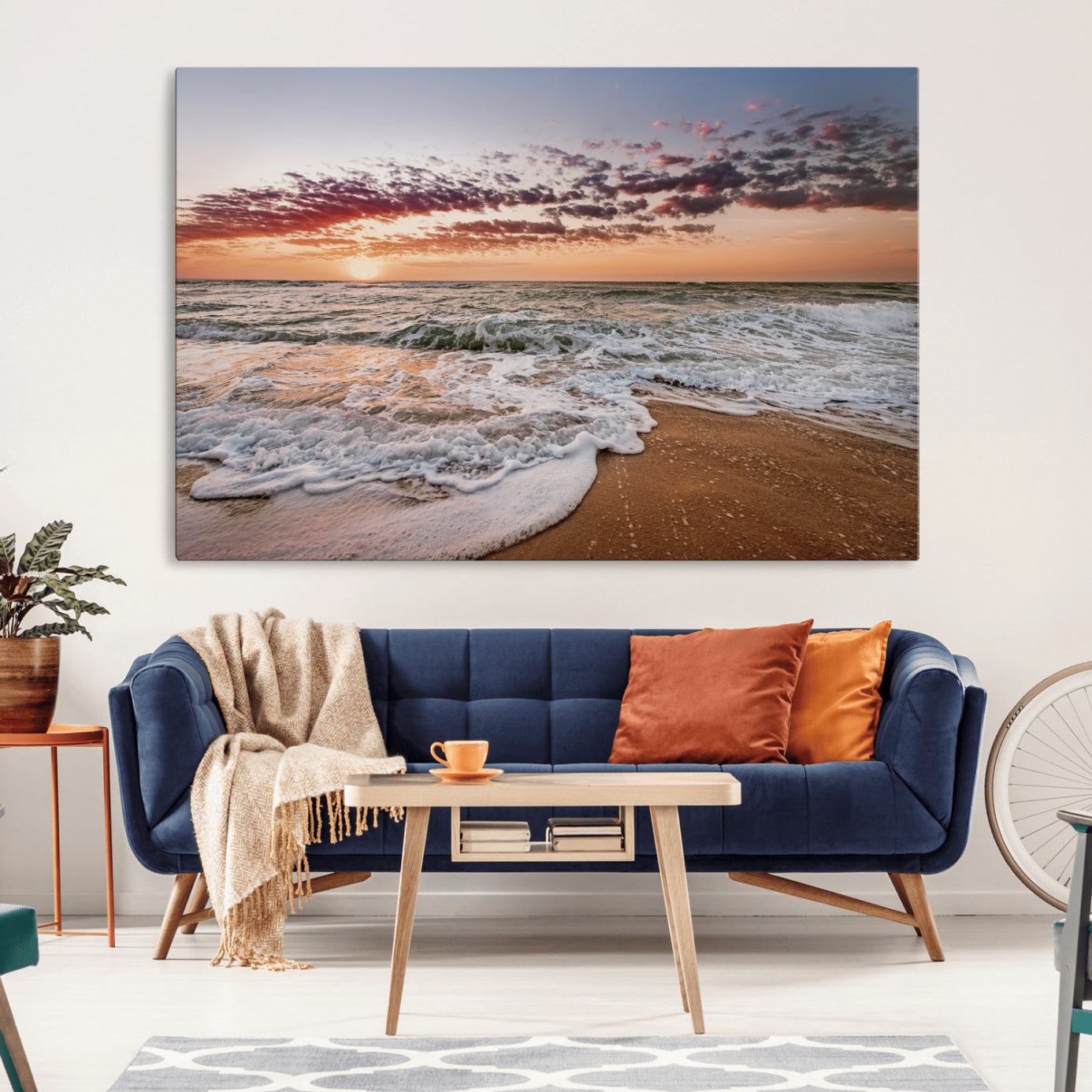 39846389-MGV-CV-36X24-Ocean Sunset Wall Art Canvas Print – Framed Sandy Shore Gentle Waves Coastal Landscape Minimalist Artwork for Home, Office