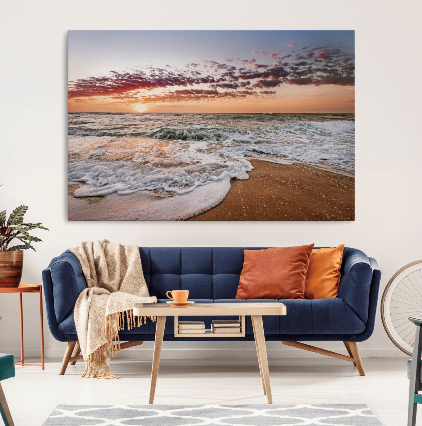 39846389-MGV-CV-36X24-Ocean Sunset Wall Art Canvas Print – Framed Sandy Shore Gentle Waves Coastal Landscape Minimalist Artwork for Home, Office
