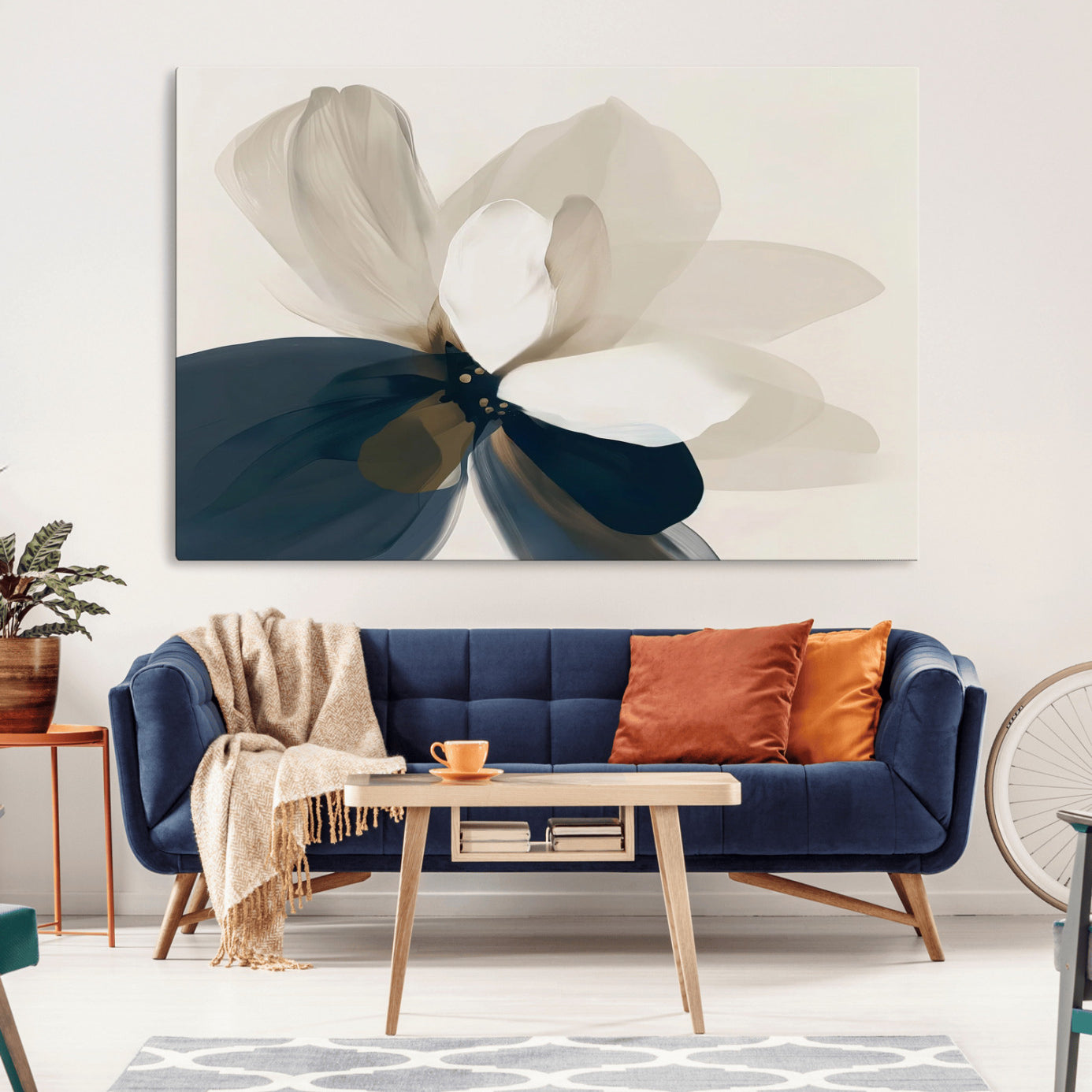 -Minimal Flower Wall Art Canvas Print, Framed Flower Drawing Art Picture Print, Beige Bloom Perfect Modern Botanical Decor Artwork