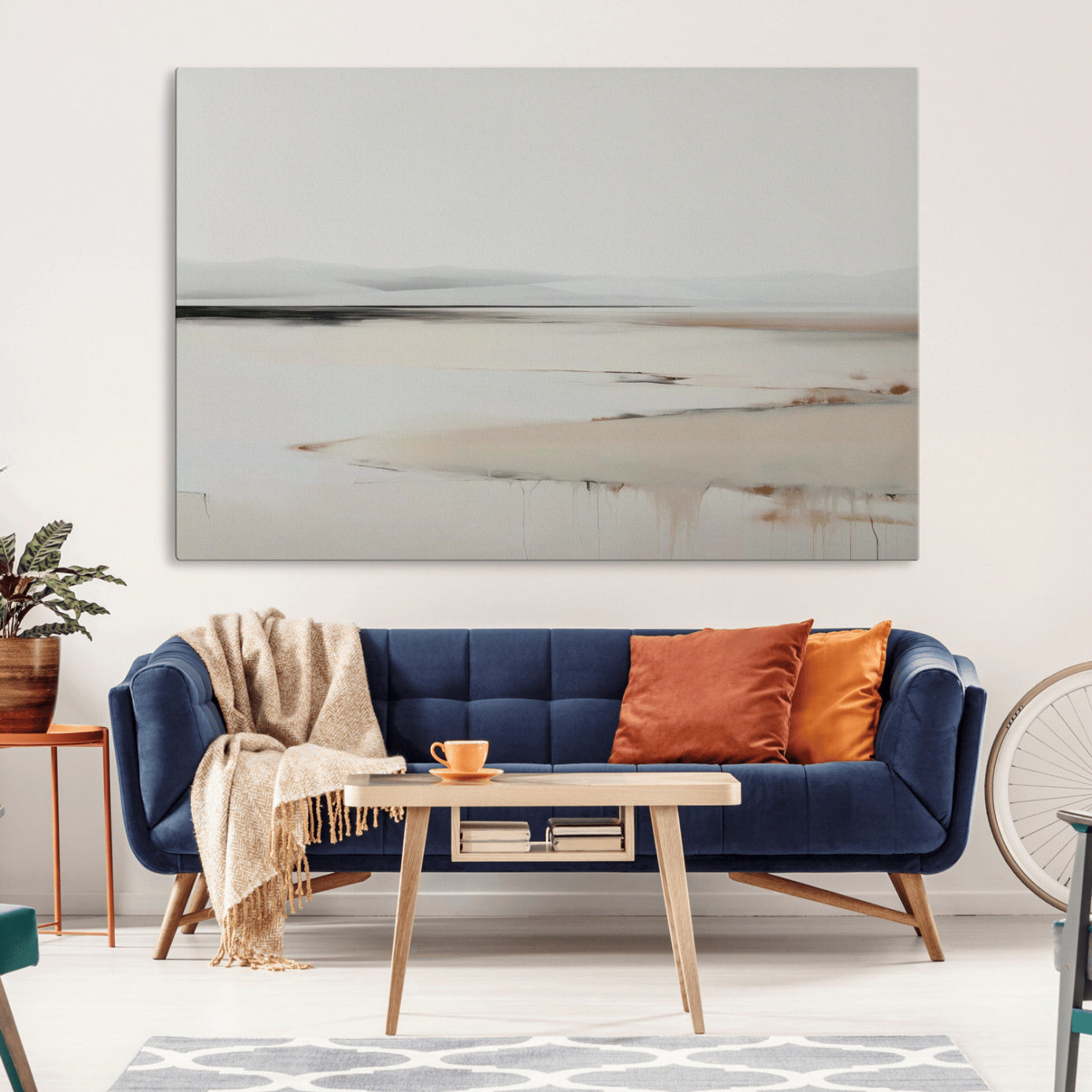 89410095-MGV-CV-36X24-Minimalist Landscape Wall Art Canvas Print – Framed Soft Horizon Abstract Seascape Earthy Tones Artwork for Home Office