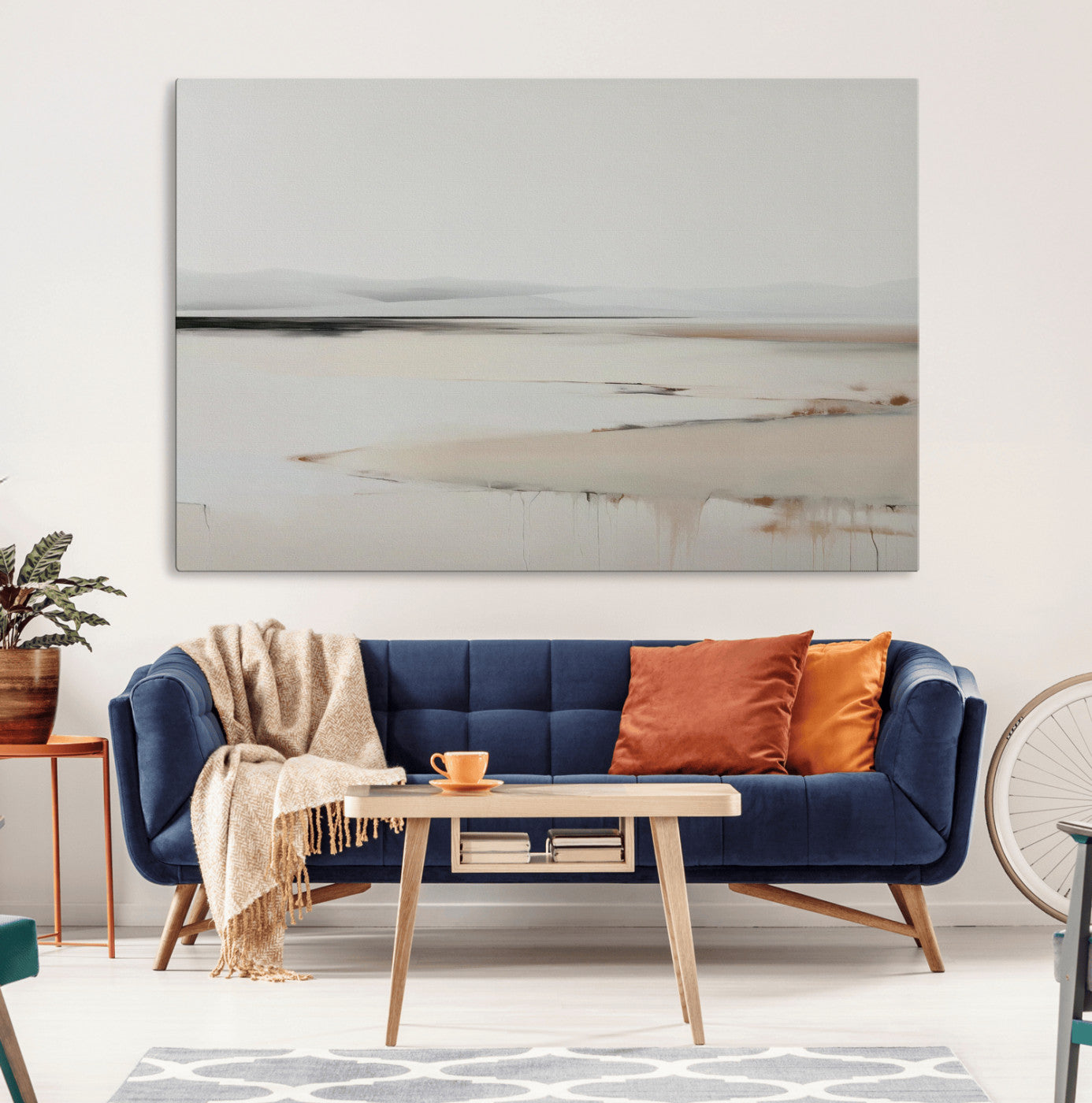 89410095-MGV-CV-36X24-Minimalist Landscape Wall Art Canvas Print – Framed Soft Horizon Abstract Seascape Earthy Tones Artwork for Home Office