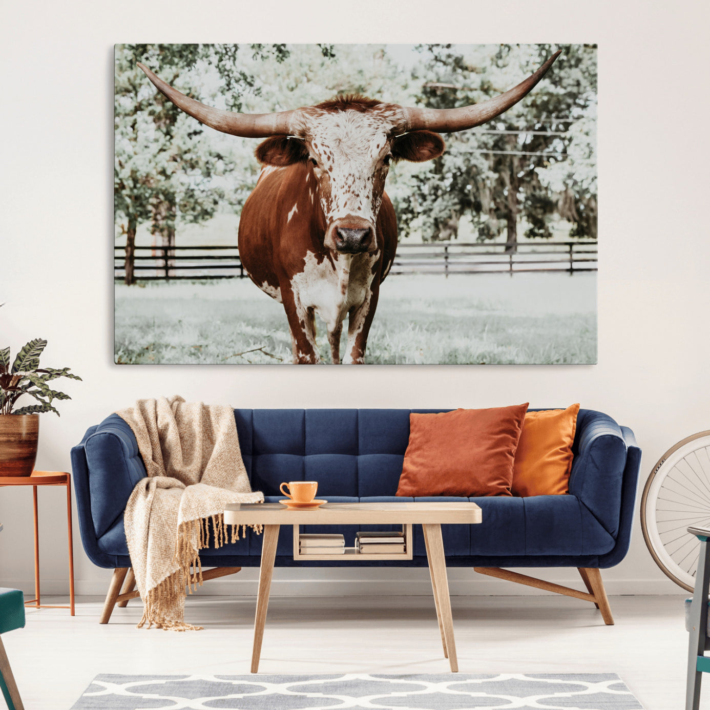 -Texas Longhorn Wall Art Canvas Print, Framed Spotted Cow Art Picture Print, Horned Cattle Perfect Rustic Western Decor Artwork