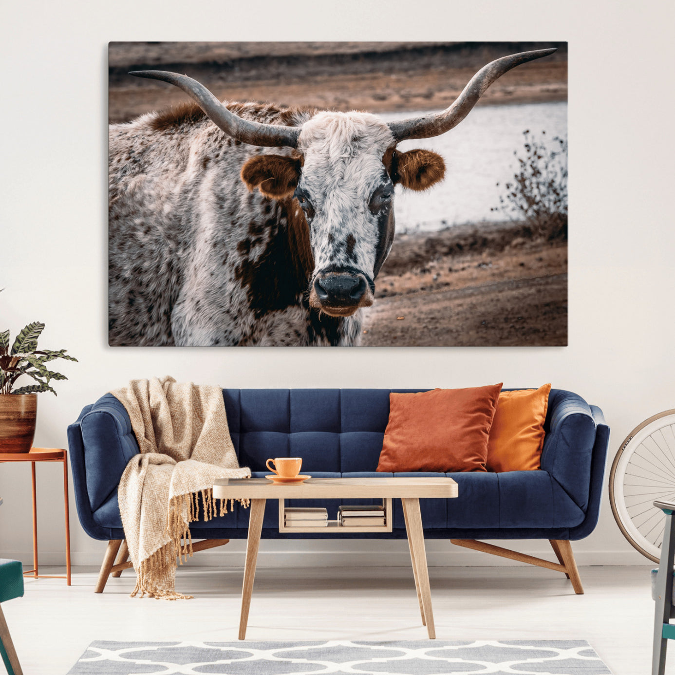 -Texas Longhorn Wall Art Canvas Print, Framed Spotted Cow Art Picture Print, Horned Cattle Perfect Rustic Western Decor Artwork