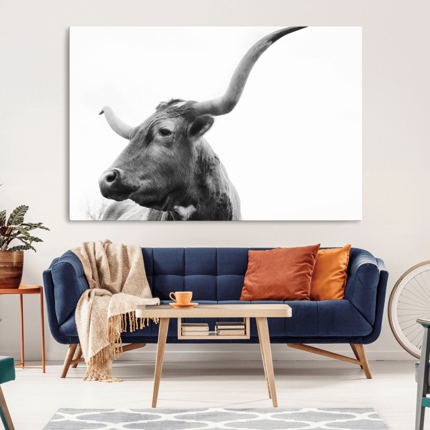 -Longhorn Wall Art Wall Art Canvas Print, Framed Modern Ranch Style Art Art Picture Print, Monochrome Cow Print Perfect Rustic Western Decor Artwork