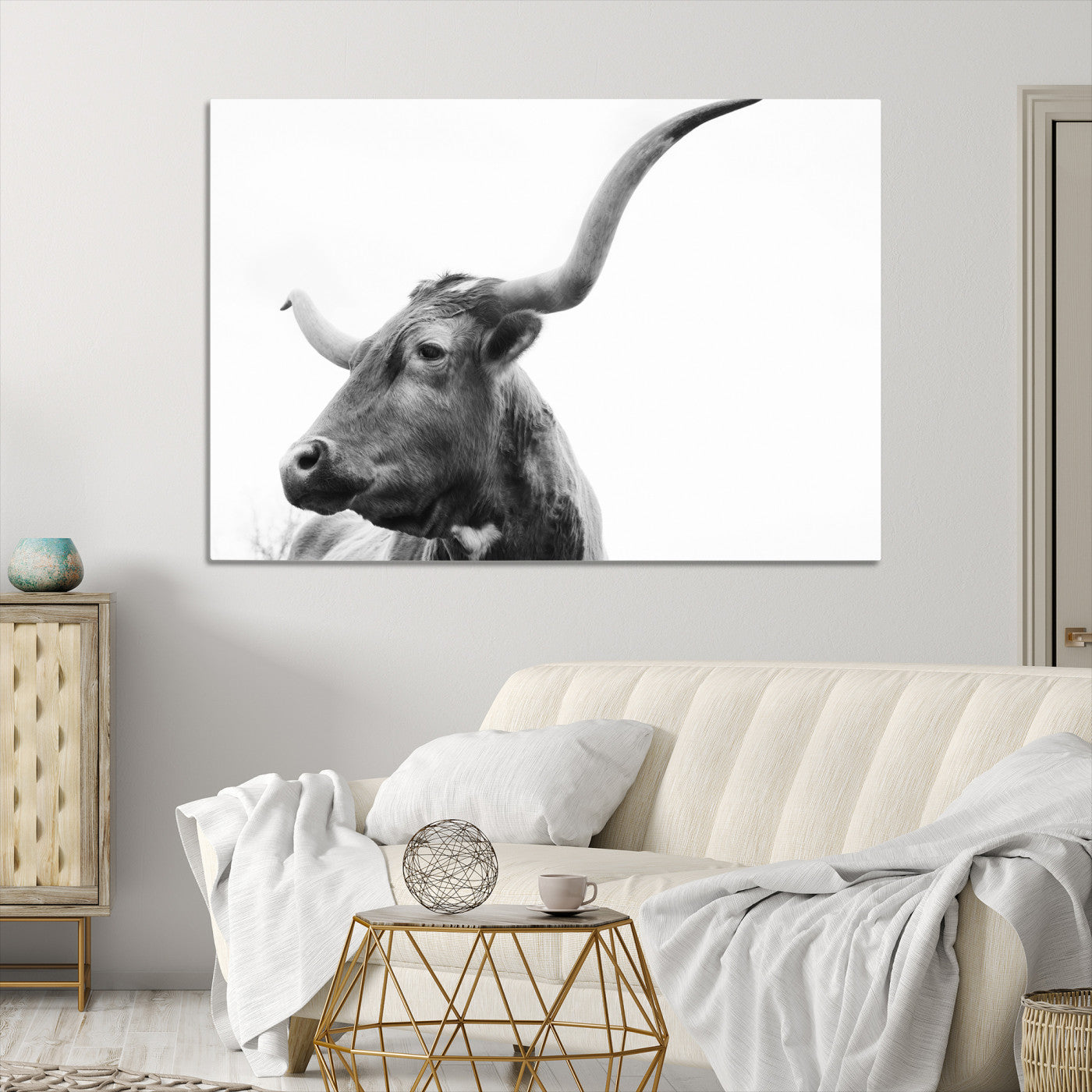 64392617-MGV-CV-36X24-Longhorn Wall Art Wall Art Canvas Print, Framed Modern Ranch Style Art Art Picture Print, Monochrome Cow Print Perfect Rustic Western Decor