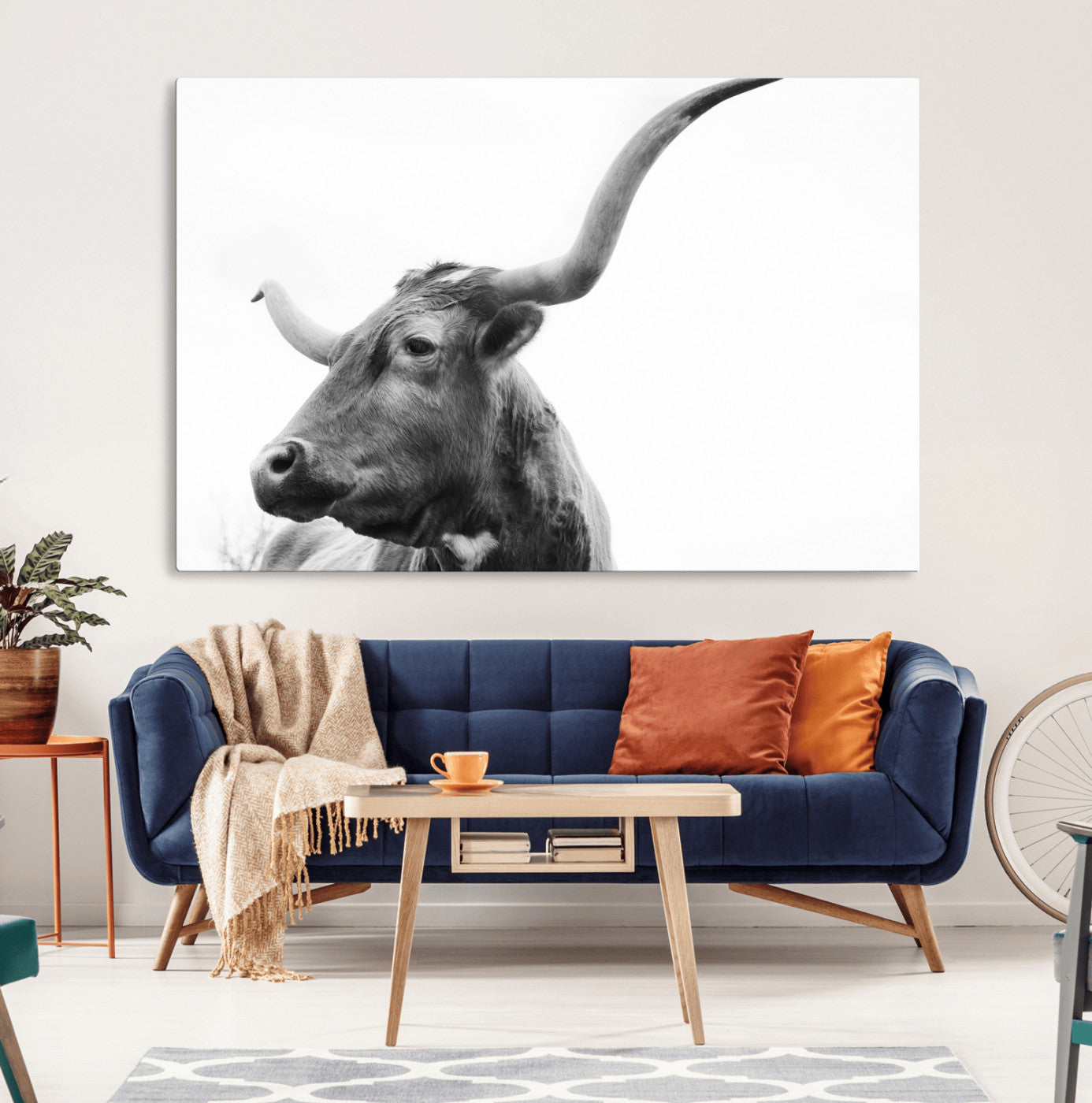 64392617-MGV-CV-36X24-Longhorn Wall Art Canvas Print – Framed Monochrome Ranch Cow Rustic Western Artwork for Home, Office