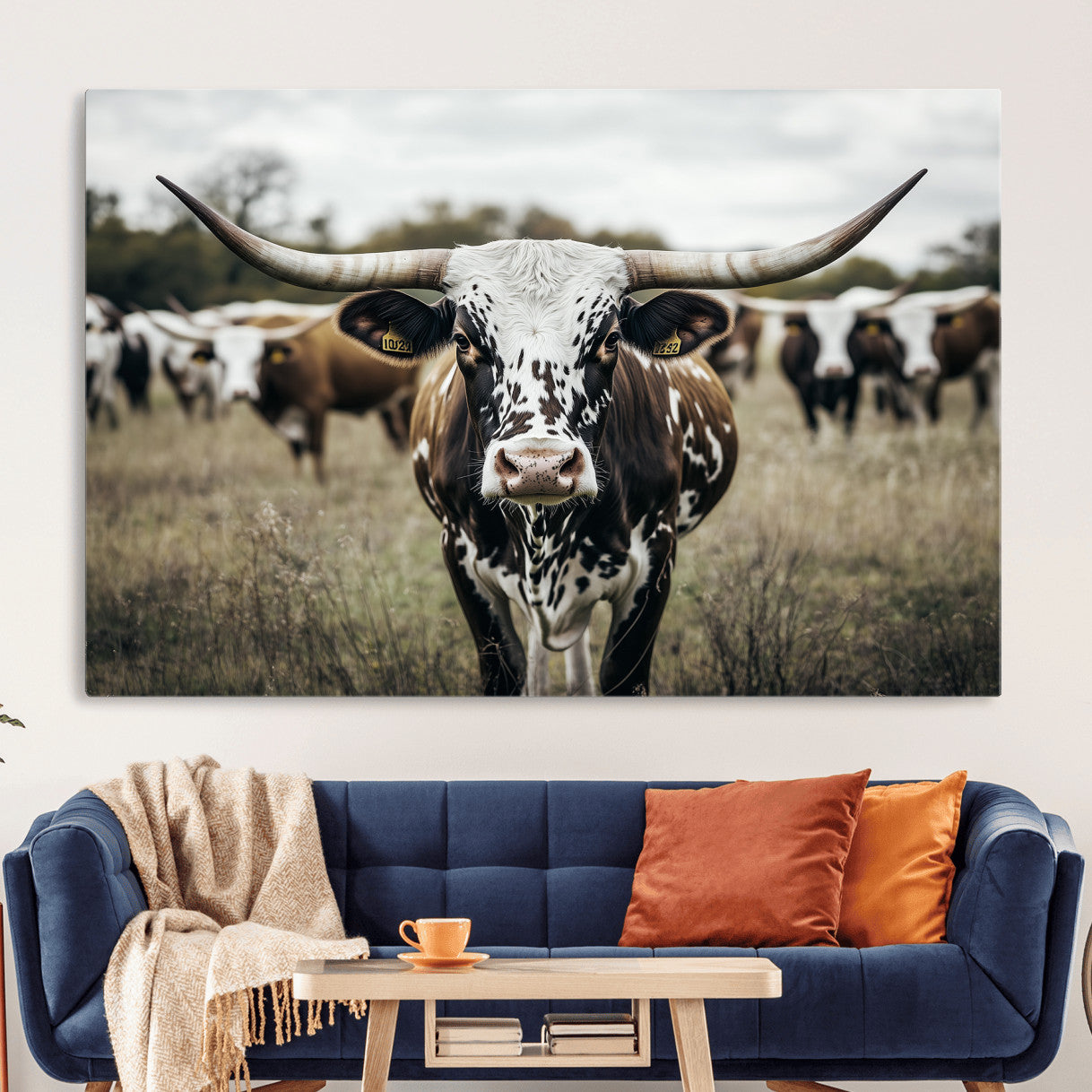 MGV-CV-36X24 - Majestic Longhorn Cow Wall Art – Canvas Print of Intricate Fur & Sharp Horns Earthy Tones Serene Landscape, Rustic Charm Decor for Living Room, Office or Bedroom