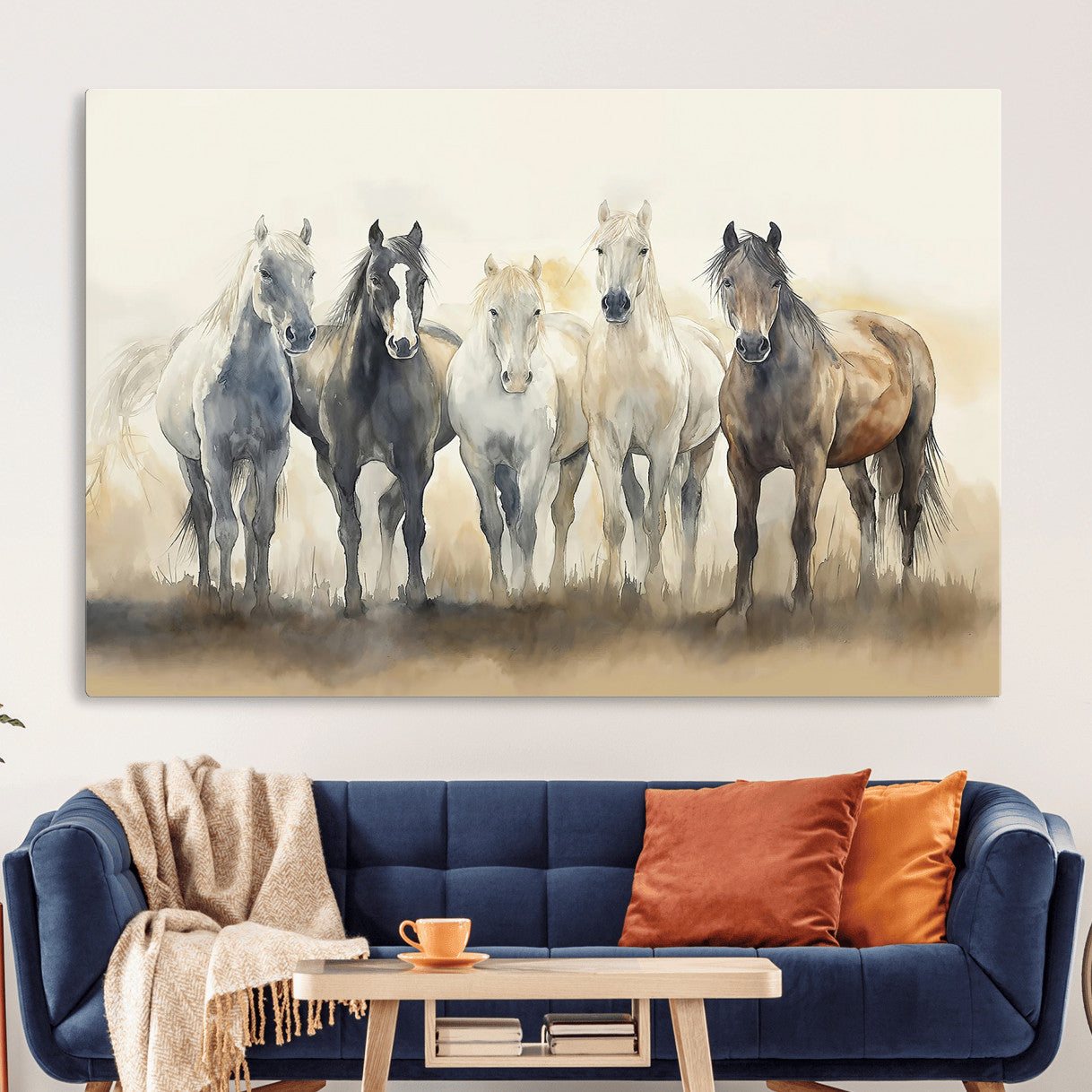 MGV-CV-36X24 - Wild Horses Wall Art Canvas Print, Framed Running Horses Art Picture Print, Watercolor Horses Perfect Rustic Western Decor Artwork
