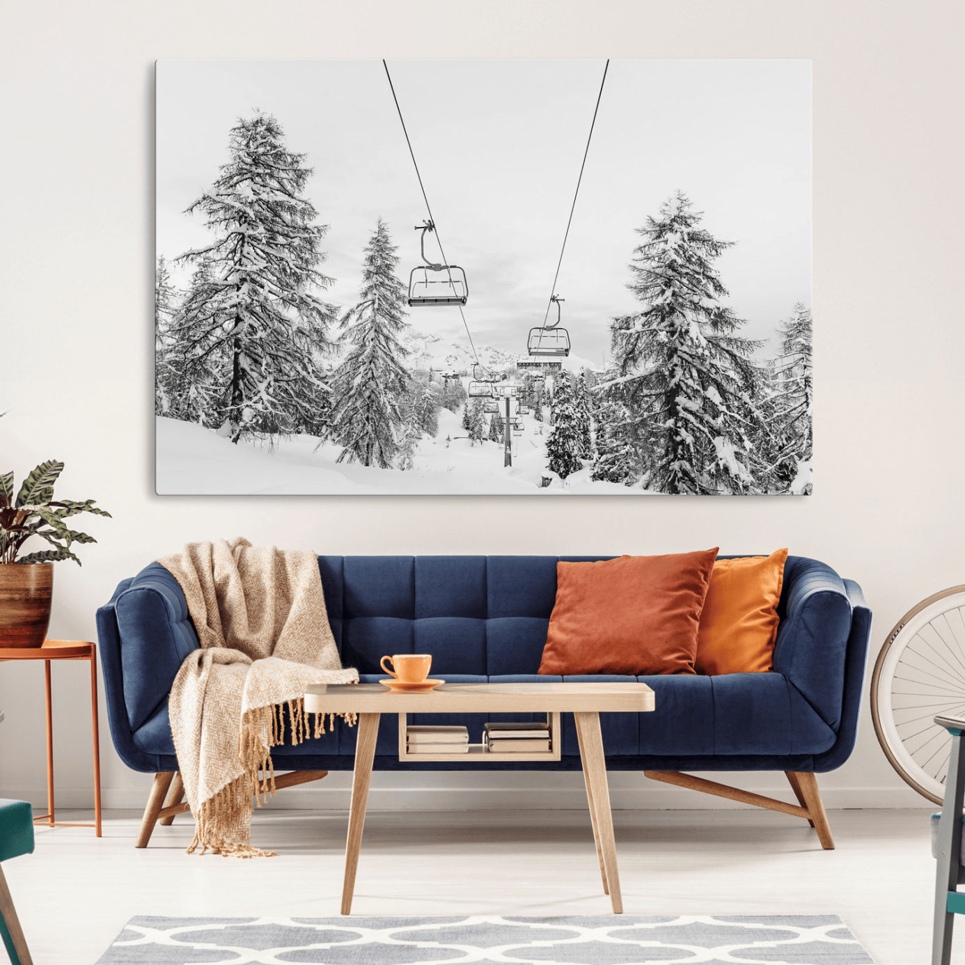 55003599-MGV-CV-36X24-Snowy Ski Lift Wall Art – Framed Winter Forest Canvas Artwork, Peaceful Mountain Design, Modern Nature Decor for Home, Office