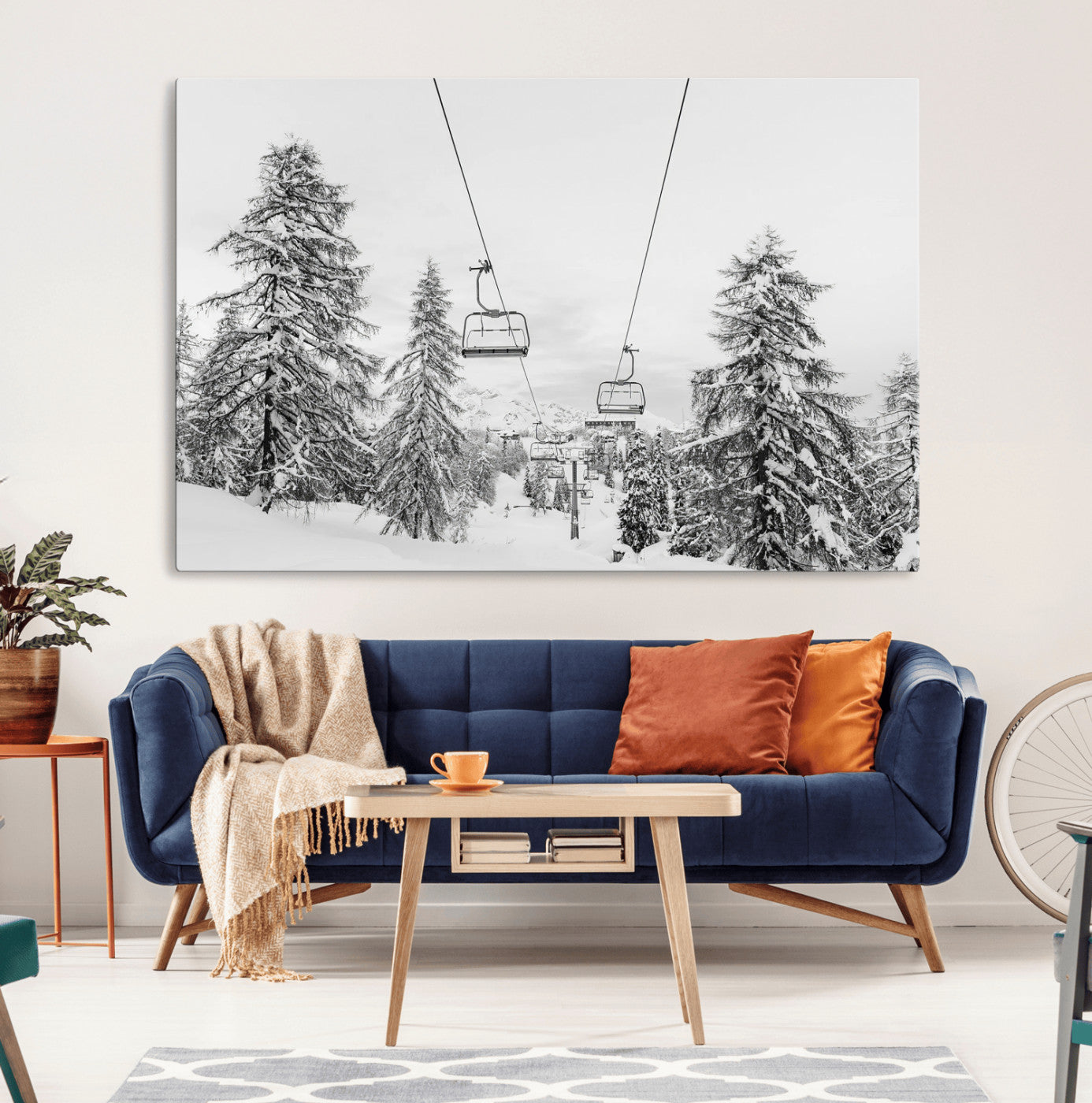 55003599-MGV-CV-36X24-Snowy Ski Lift Wall Art – Framed Winter Forest Canvas Artwork, Peaceful Mountain Design, Modern Nature Decor for Home, Office