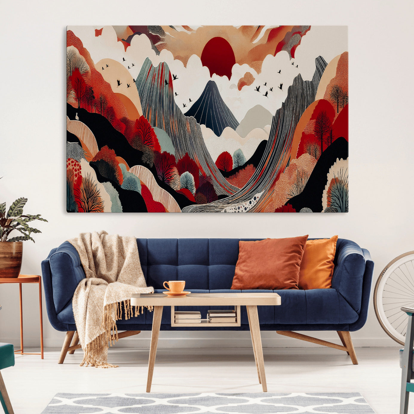 -Abstract Mountain Wall Art Canvas Print, Framed Vibrant Landscape Art Picture Print, Stylized Nature Drawing Perfect Contemporary Minimalist Decor Artwork