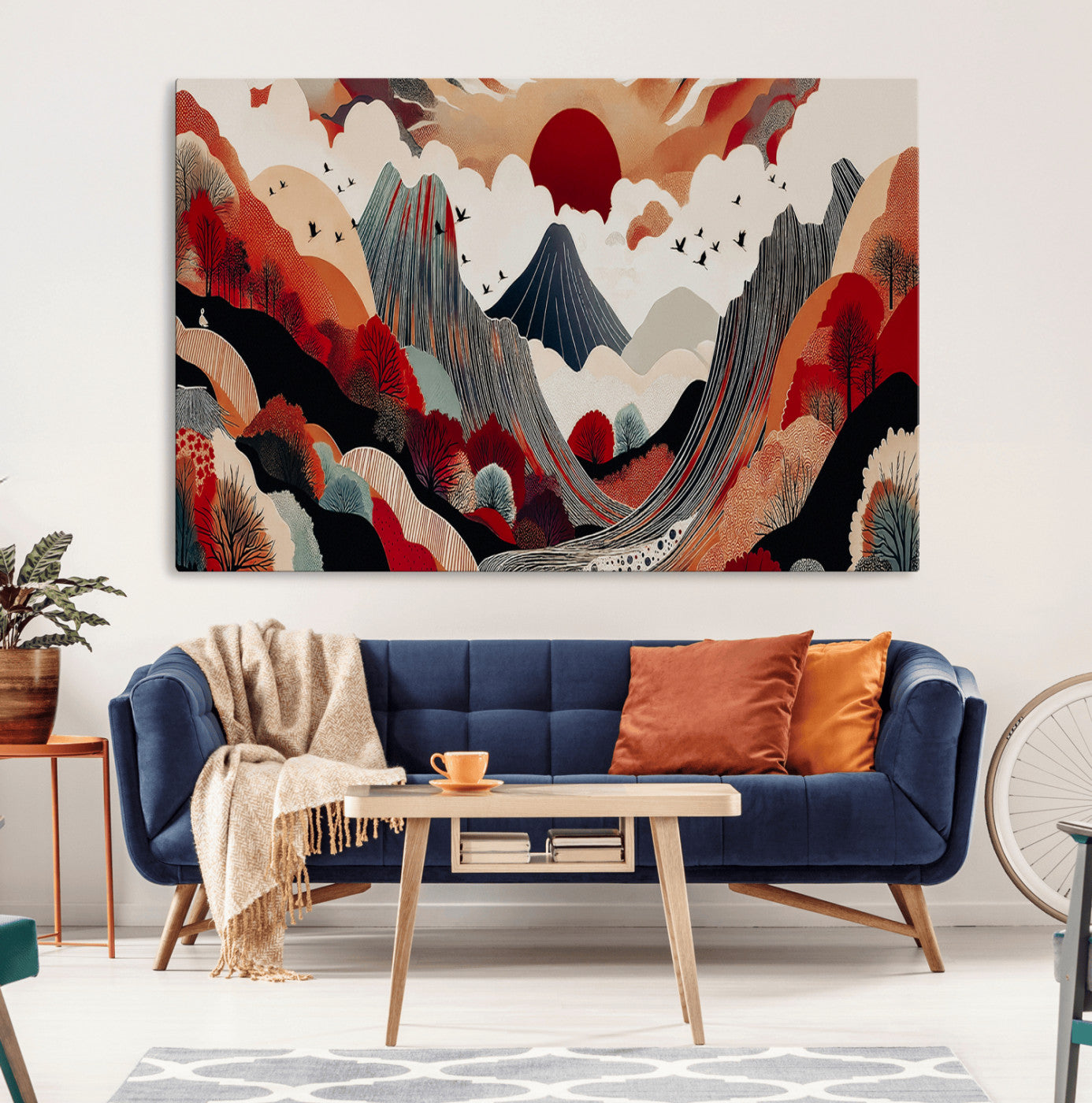 -Abstract Mountain Wall Art Canvas Print, Framed Vibrant Landscape Art Picture Print, Stylized Nature Drawing Perfect Contemporary Minimalist Decor Artwork