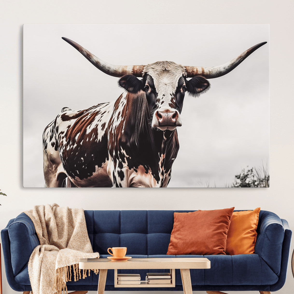 MGV-CV-36X24 - Texas Longhorn Wall Art Canvas Print, Framed Spotted Bull Art Picture Print, Horned Cattle Perfect Rustic Farmhouse Decor Artwork