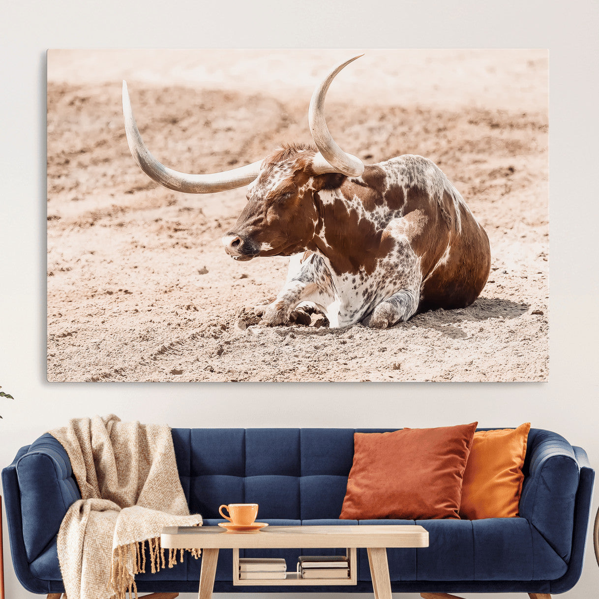 91248682-MGV-CV-36X24-Texas Longhorn Wall Art Canvas Print – Framed Resting Bull Scene with Spotted Cattle Artwork for Home, Office