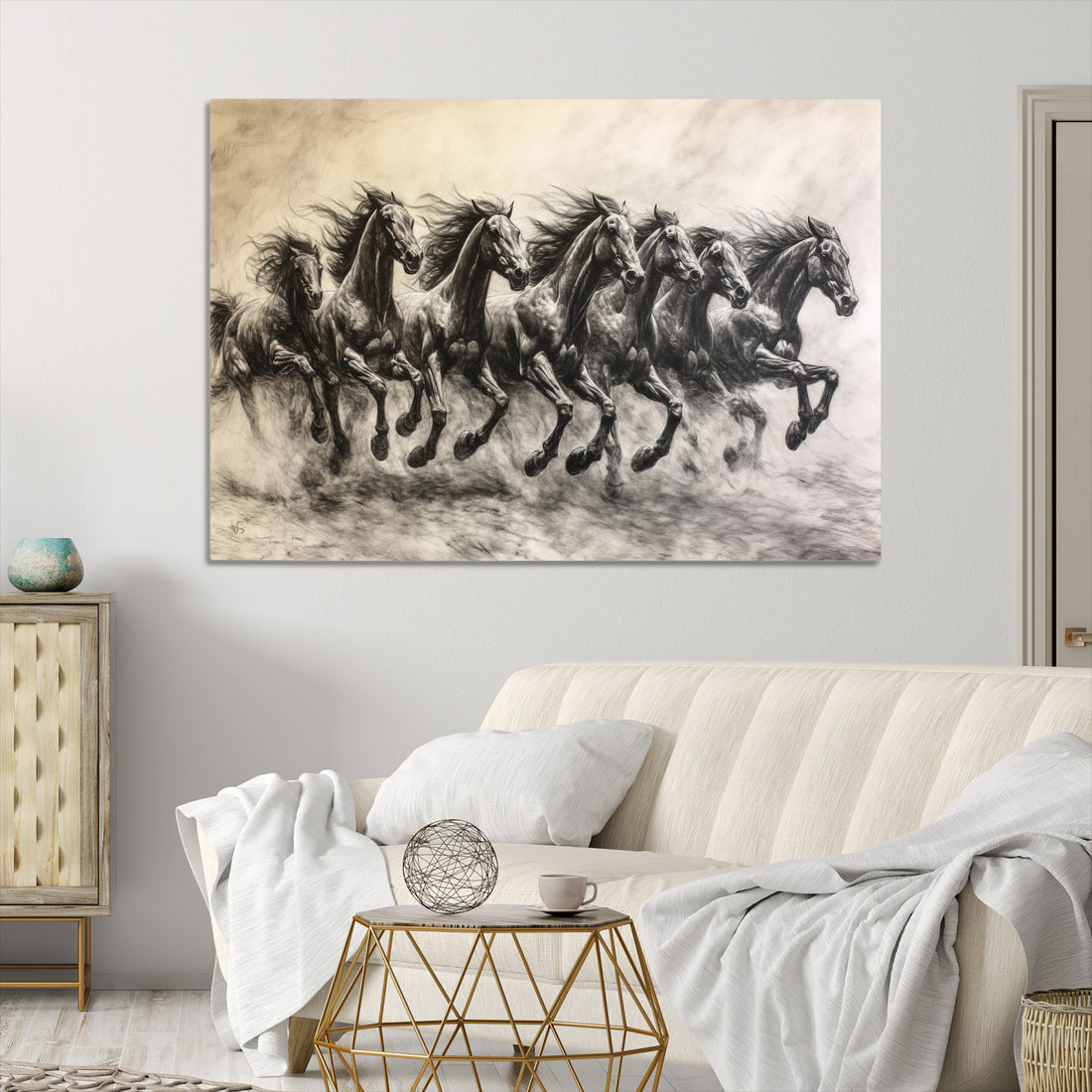 Galloping Horses Wall Art Canvas Print, Framed Wild Stallions Herd Monochrome Sketch