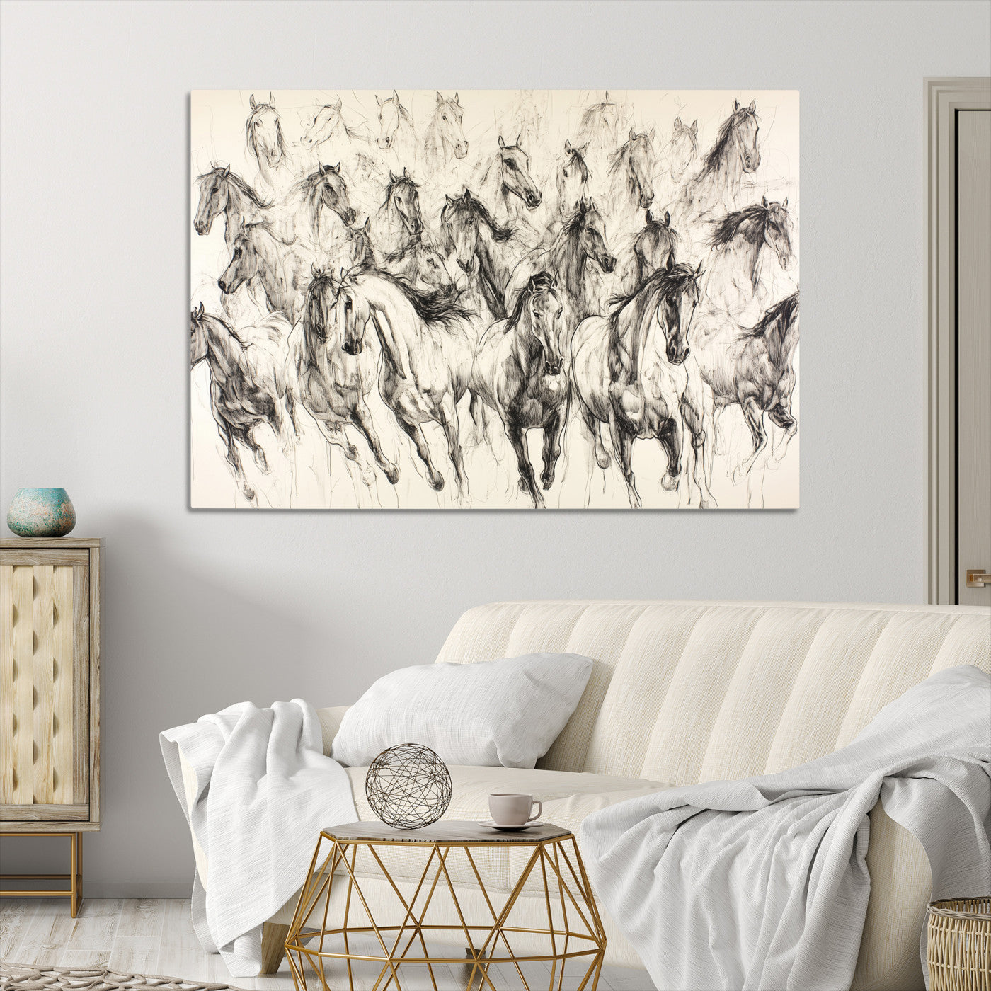 19433417-MGV-CV-36X24-Running Horses Wall Art Canvas Print – Framed Galloping Herd Dynamic Equestrian Sketch Nature Artwork for Home Office