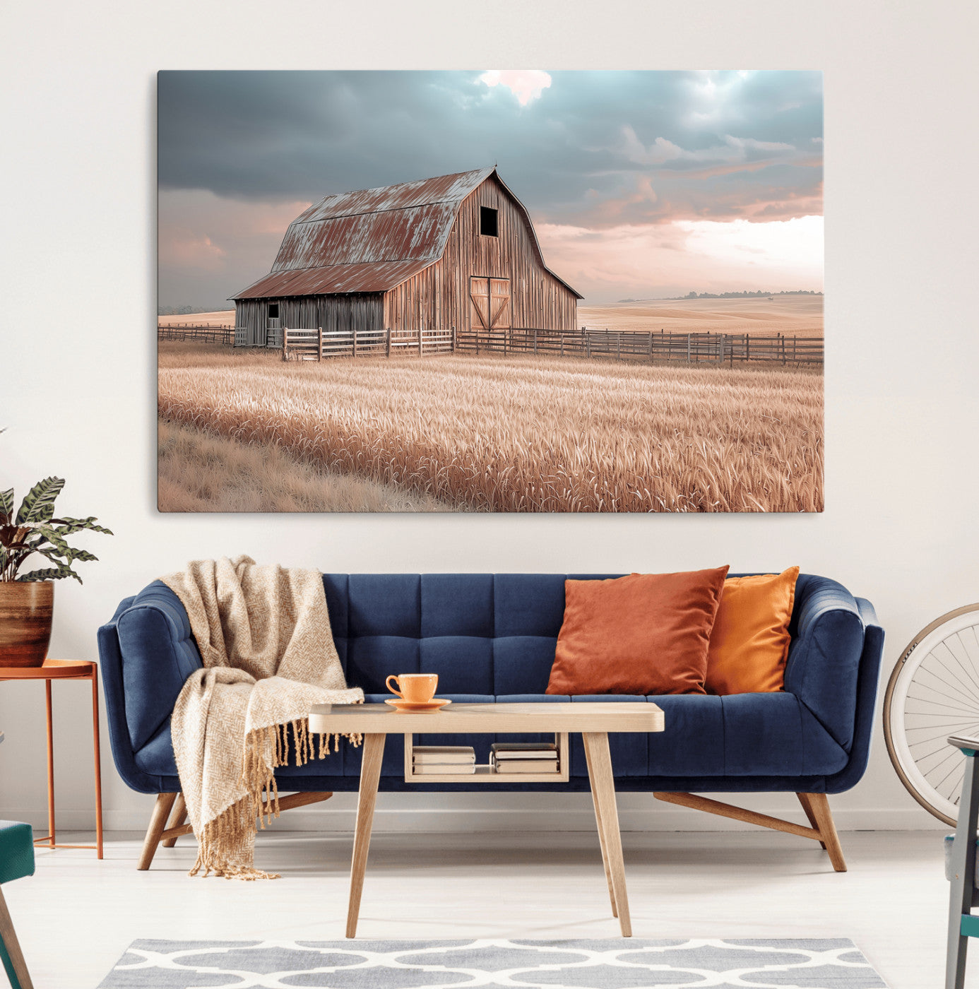 36878364-MGV-CV-36X24-Rustic Barn Wall Art Canvas Print – Framed Wheat Field Scene with Sunset Barn Artwork for Home, Office, Living Room