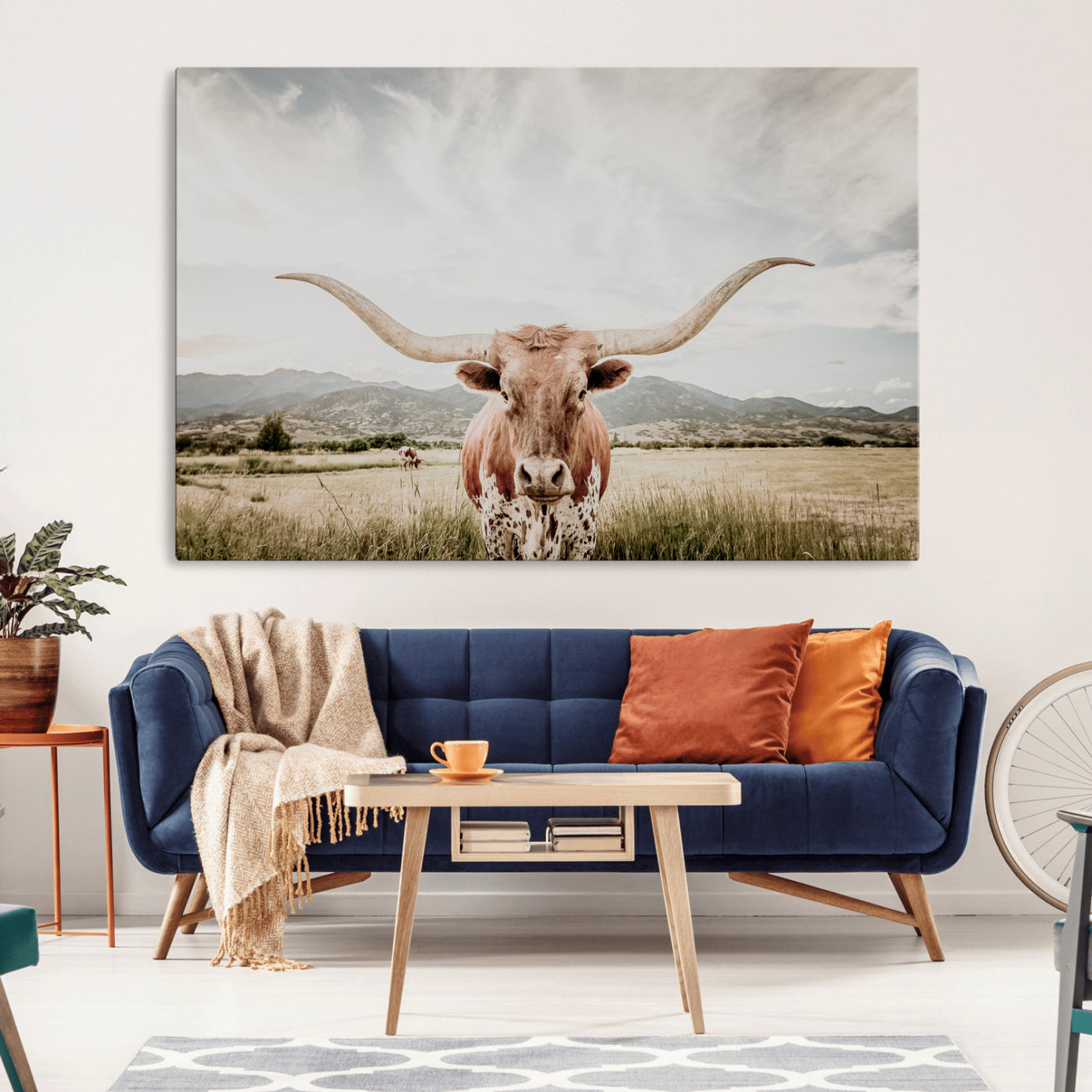 80054319-MGV-CV-36X24-Texas Longhorn Wall Art Canvas Print – Framed Western Cow Scene with Rustic Farmhouse Artwork for Home, Office