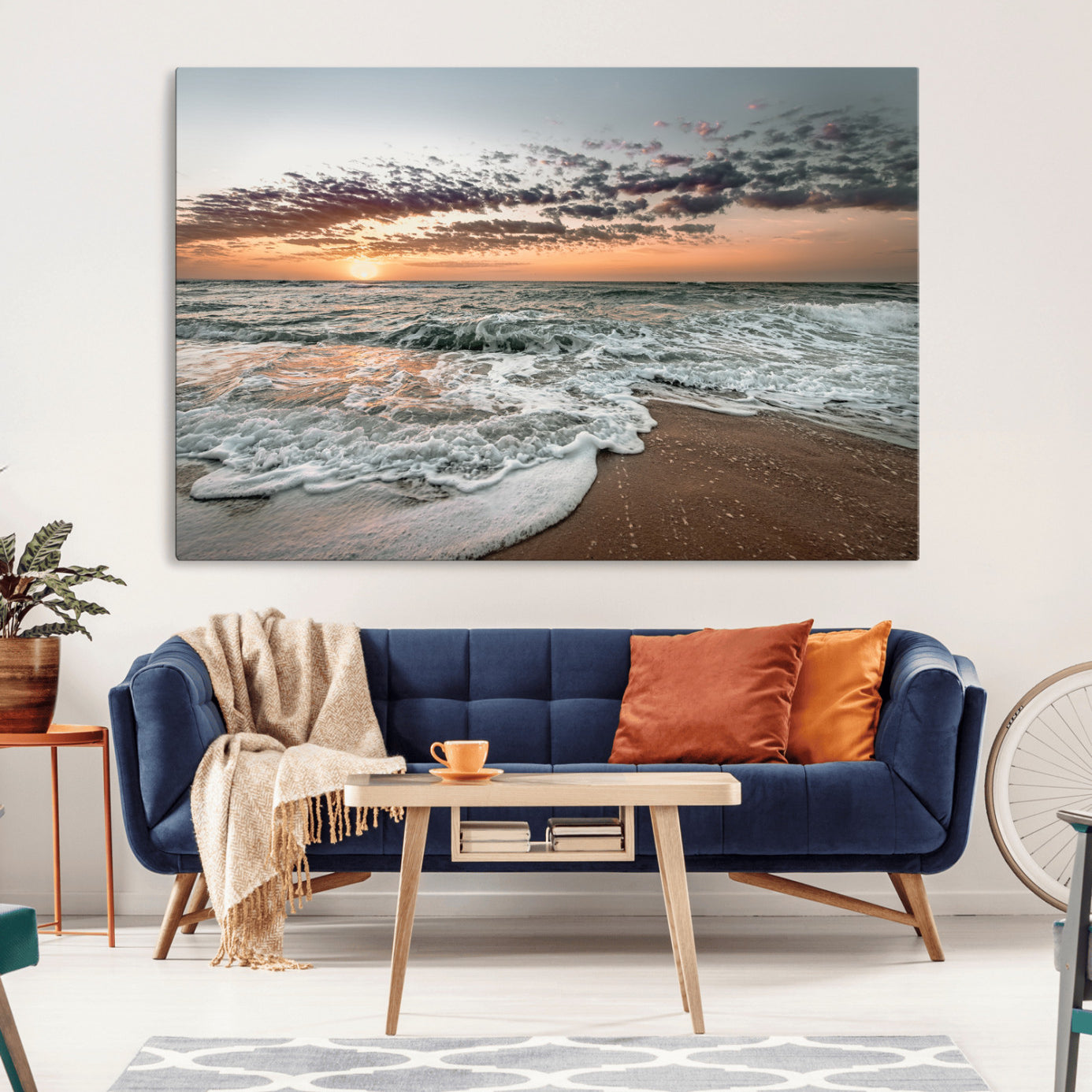 40632752-MGV-CV-36X24-Ocean Sunset Wall Art Canvas Print – Framed Beach Waves Scene with Coastal Artwork for Home, Office, Living Room