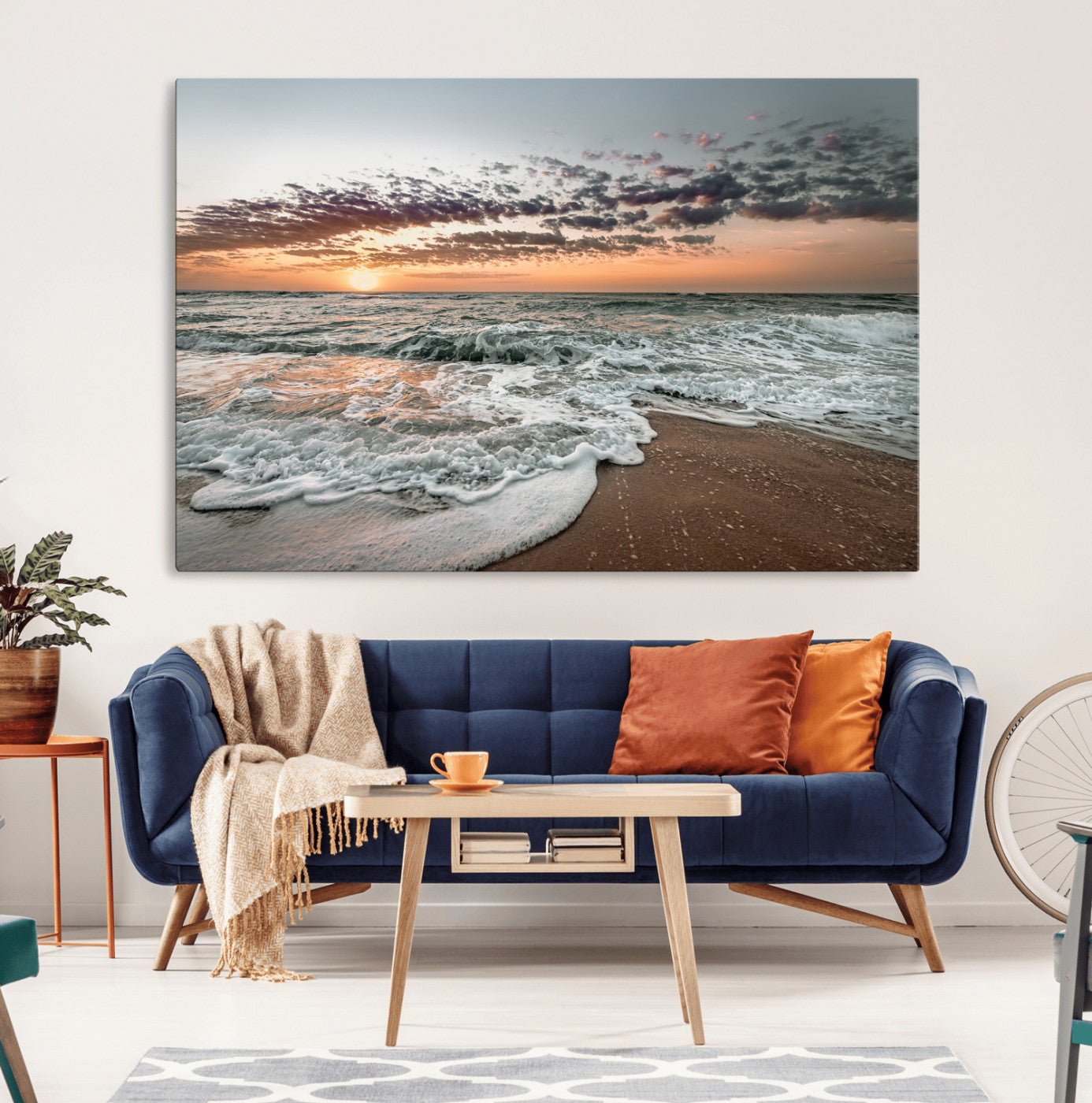 40632752-MGV-CV-36X24-Ocean Sunset Wall Art Canvas Print – Framed Beach Waves Scene with Coastal Artwork for Home, Office, Living Room