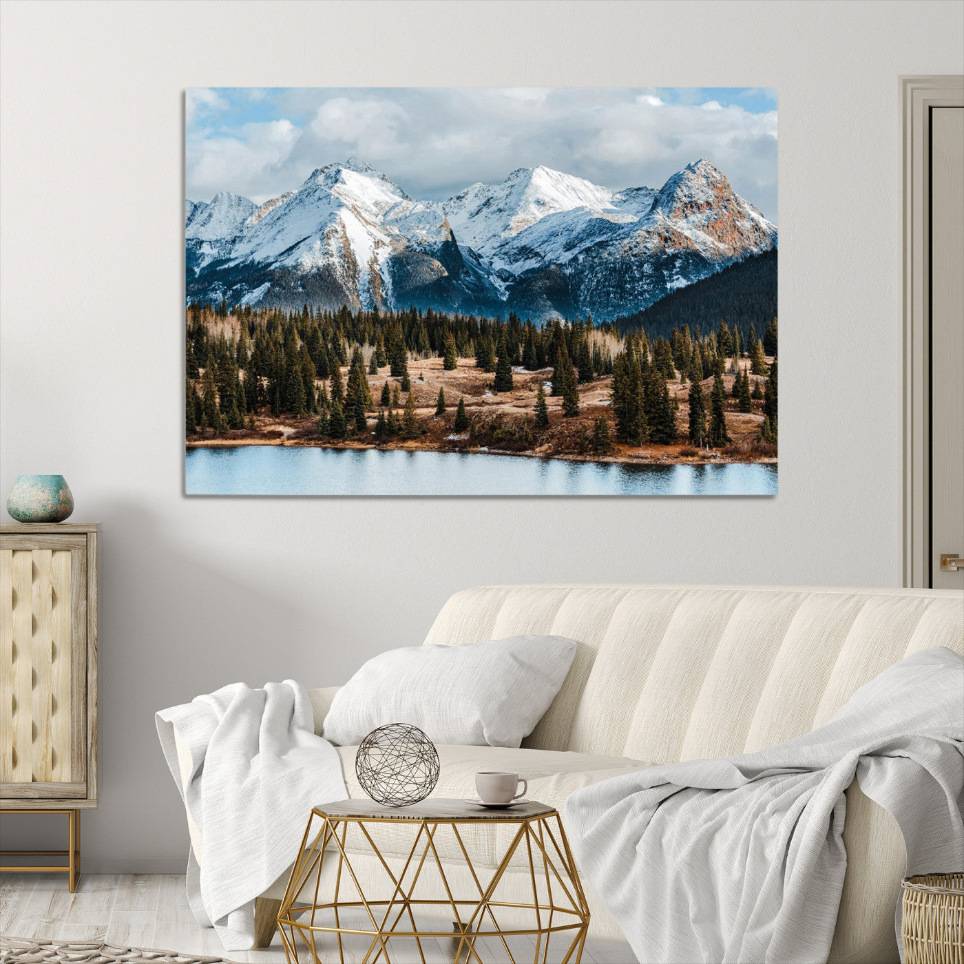 -Snowy Peaks Wall Art Canvas Print, Framed Alpine Lake Art Picture Print, Pine Forest Perfect Alpine