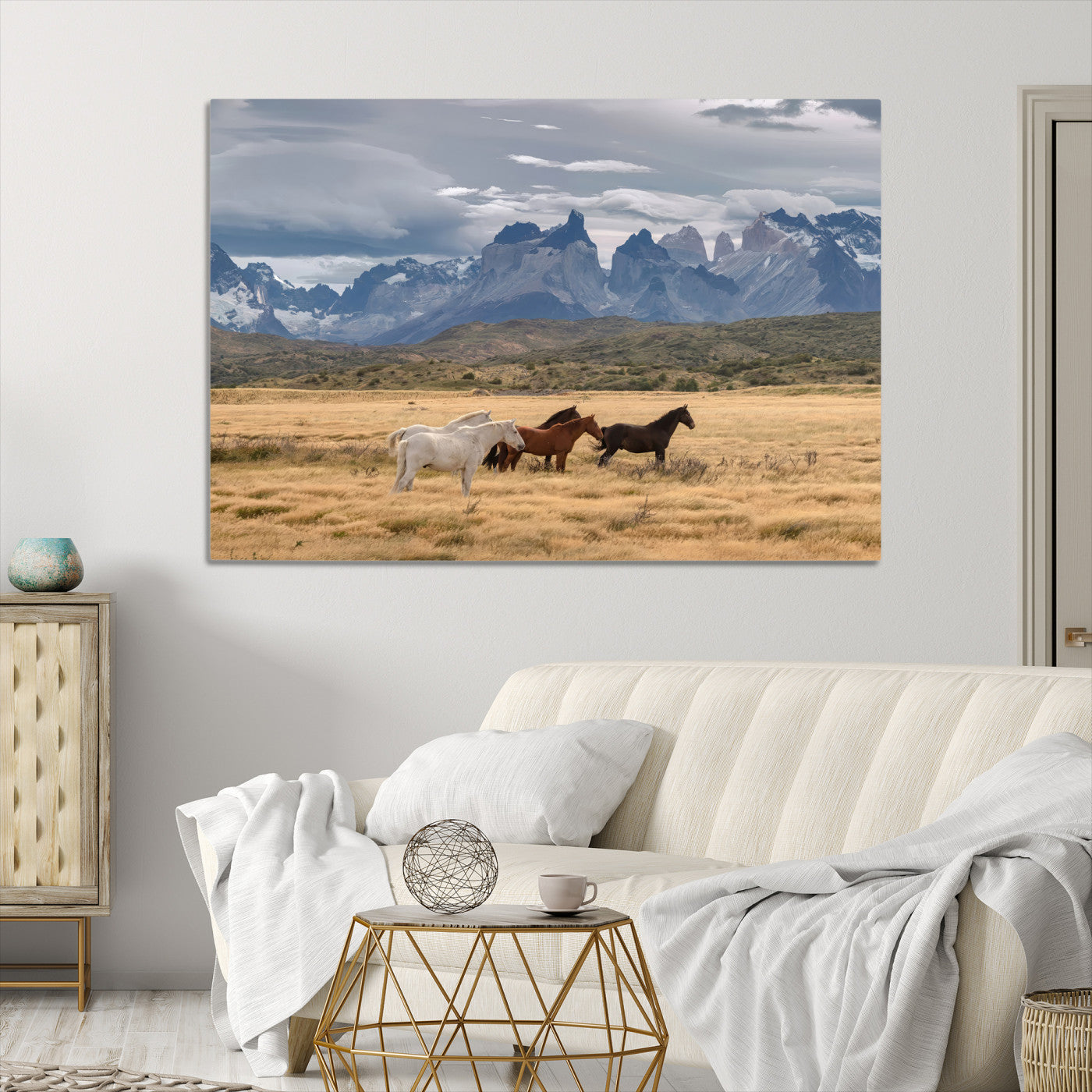 69960232-MGV-CV-36X24-Horses Grazing Wall Art Canvas Print – Framed Mountain Field Scenic Landscape Cloudy Sky Nature Artwork for Home Office