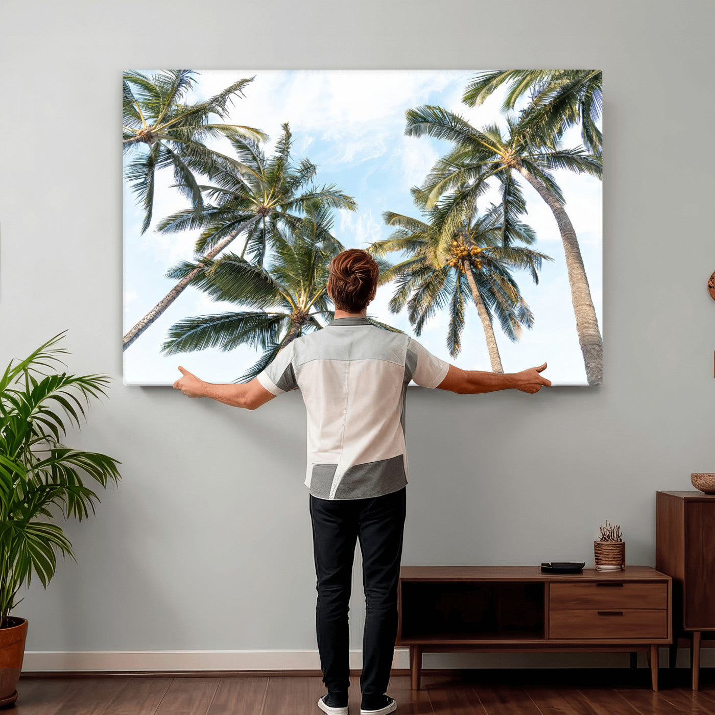 87247012-MGV-CV-36X24 - Tropical Palm Trees Wall Art – Sunlit Leaves & Blue Sky Canvas Print, Island Breeze and Vacation Vibes for Office or Home Decor