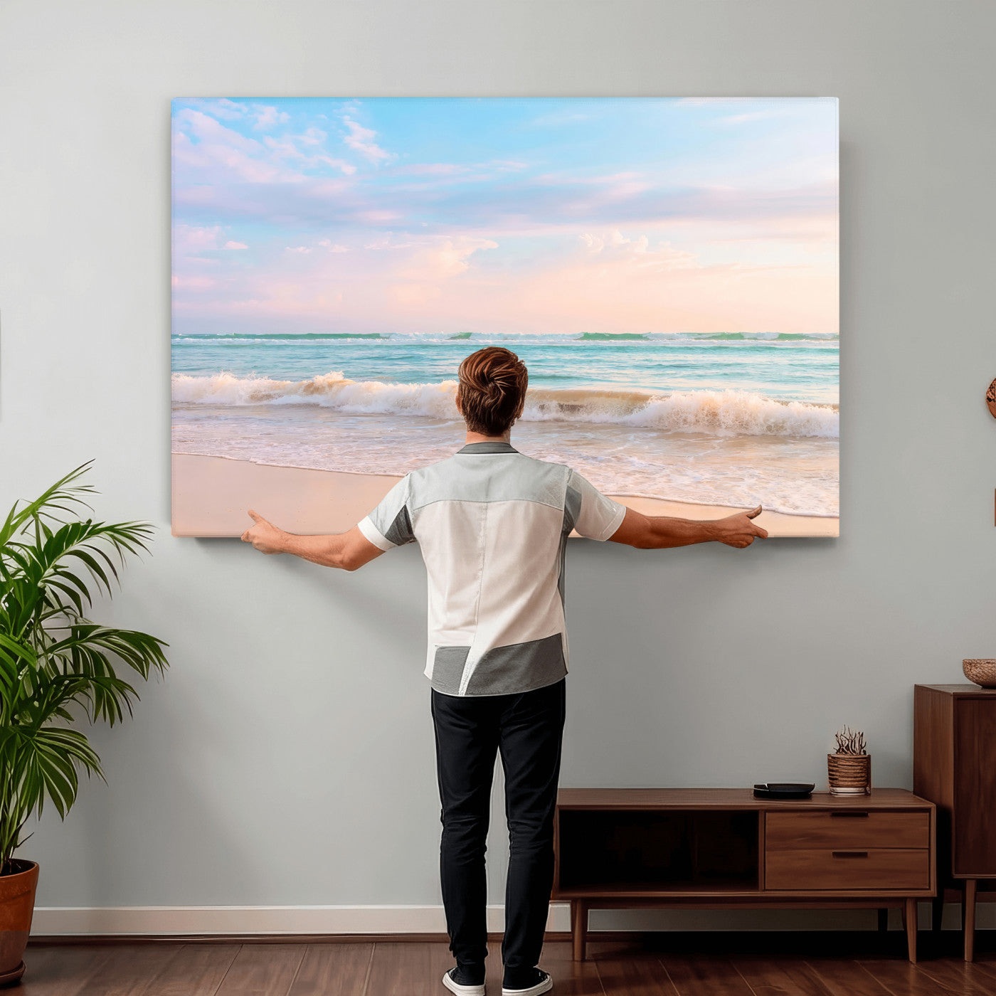 74679437-MGV-CV-36X24 - Serene Waves Wall Art – Golden Shore & Soft Pastel Sky Canvas Print, Gentle Ocean and Peaceful Sunset for Living Room or Office