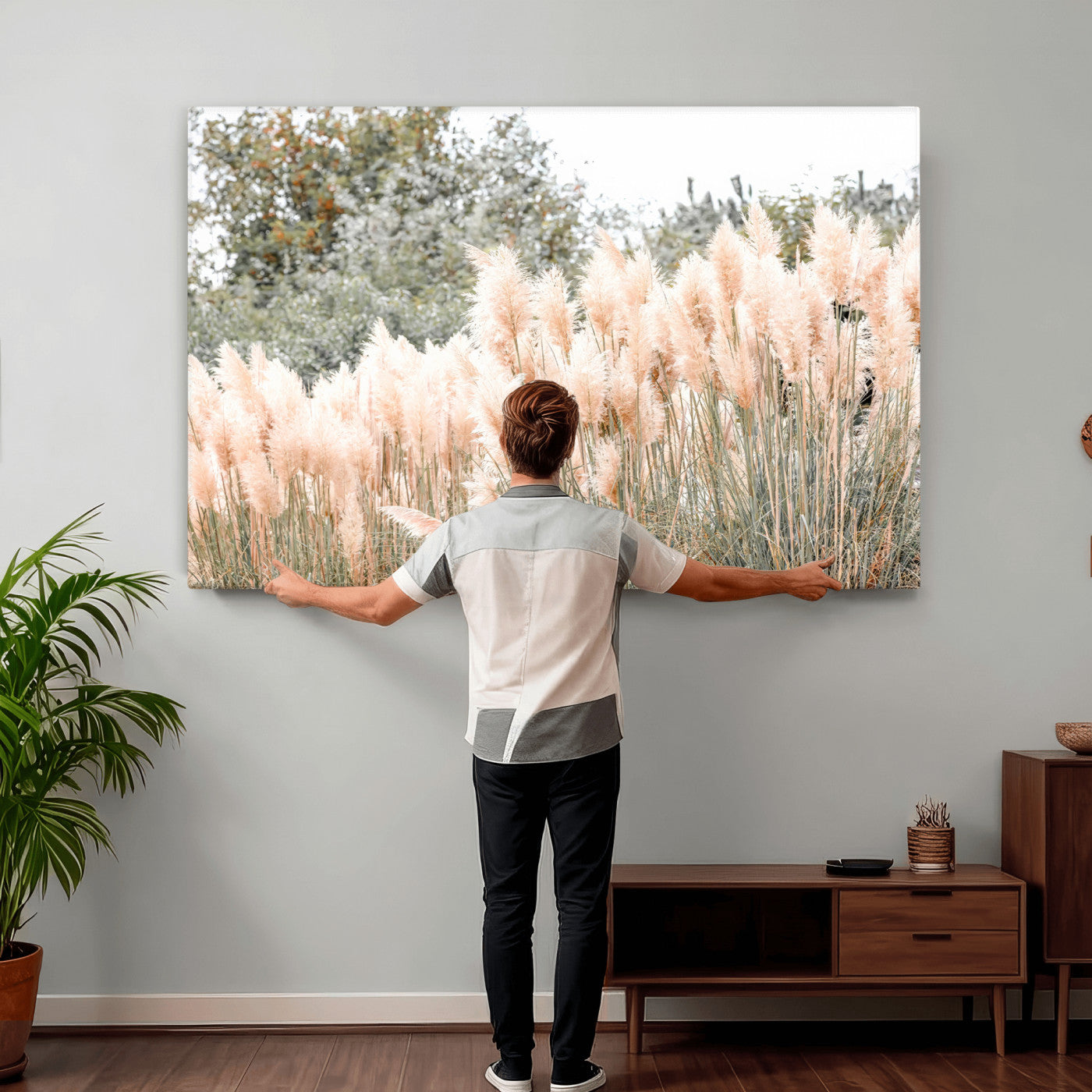 21826392-MGV-CV-36X24 - Pampas Grass Wall Art – Soft Blush Hues and Natural Texture Canvas Print, Serene Outdoors & Botanical Charm for Living Room or Nature Decor