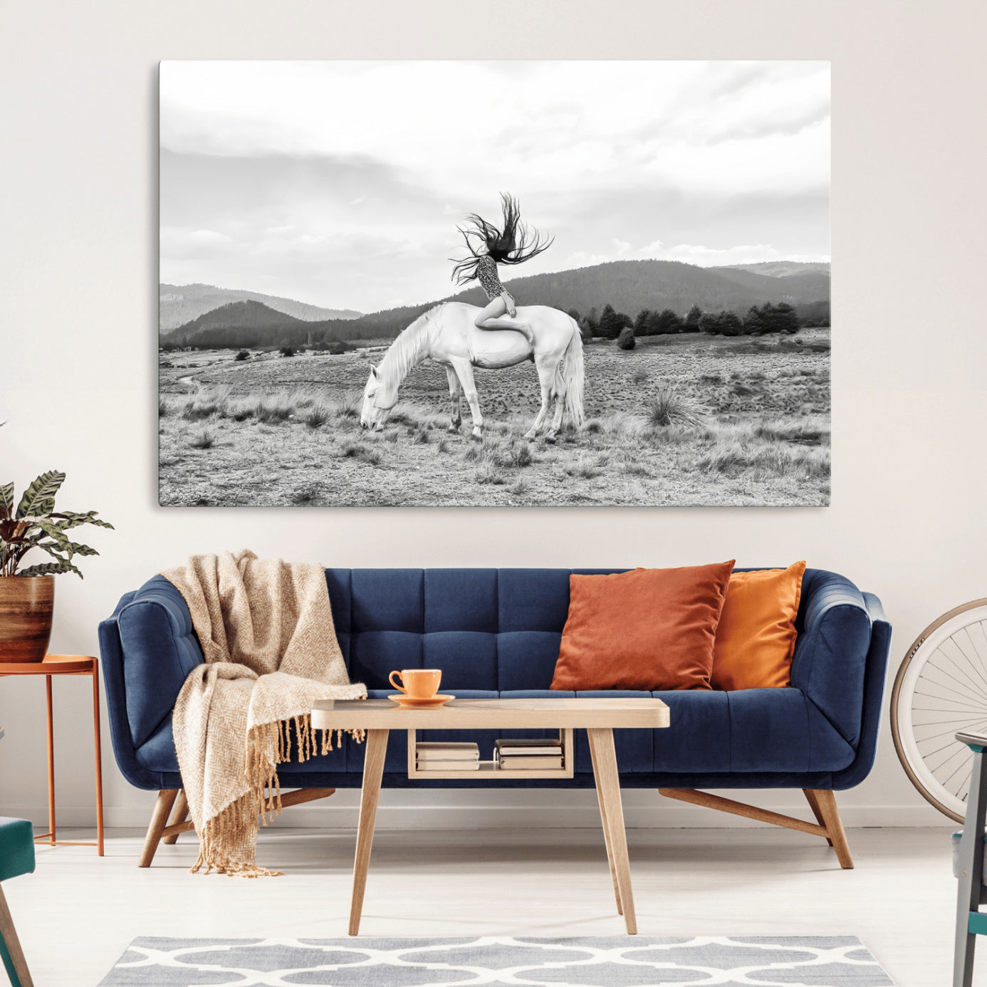 -White Horse Wall Art Canvas Print, Framed Woman Rider Art Picture Print, Equestrian Pose Perfect Western Boho Decor Artwork