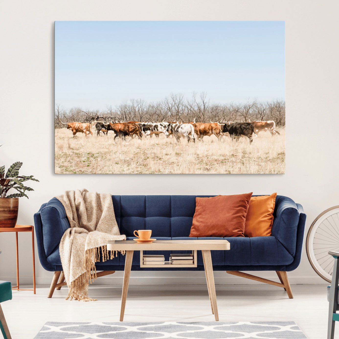 -Texas Longhorns Wall Art Canvas Print, Framed Western Cattles Art Picture Print, Rustic Herd Perfect Rustic Farmhouse Decor Artwork