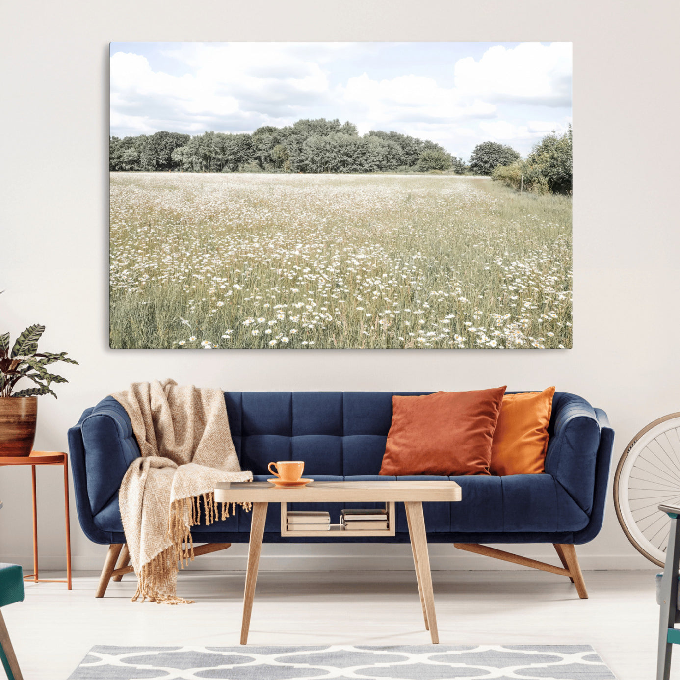 43258946-MGV-CV-36X24-Charming Daisy Field Wall Art Canvas Print – Framed Pastel Flower Meadow Bloom Scandinavian Minimal Artwork for Home Office