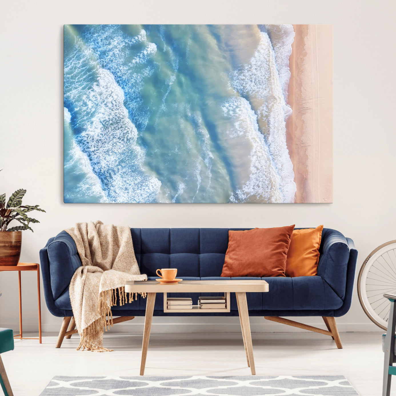 -Aerial Ocean View Wall Art Canvas Print, Framed Soft Blue Waves Art Picture Print, Sandy Shoreline Perfect Modern Coastal Decor Artwork