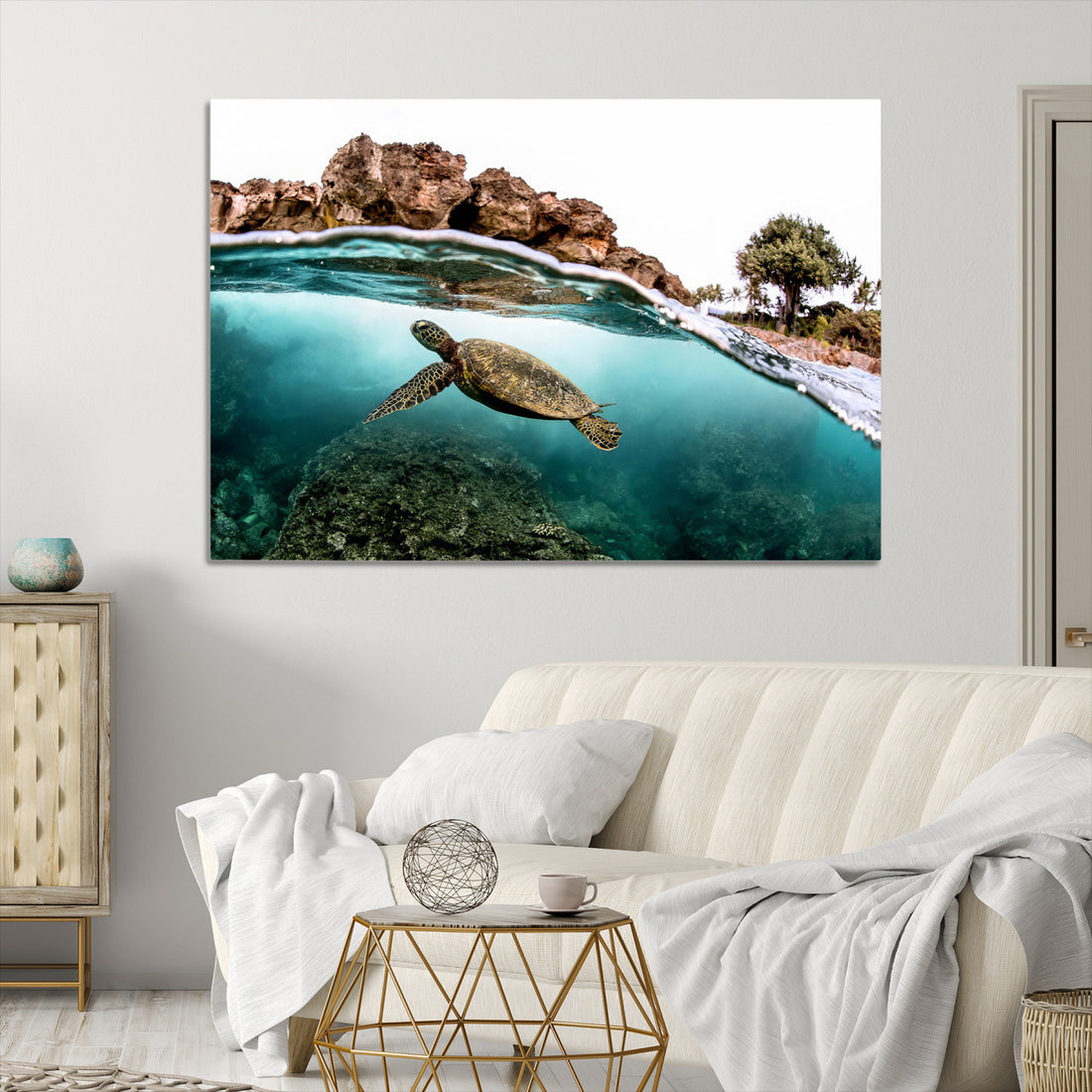 Sea Turtle Wall Art Canvas Print, Framed Ocean Life Tropical Coastal Art