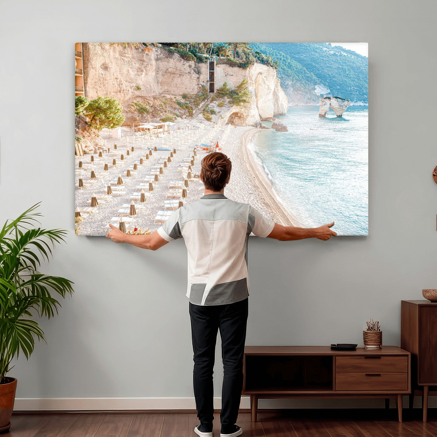 84816639-MGV-CV-36X24 - Sunny Beach Wall Art – Chairs & Umbrellas Canvas Print, Clear Water, Rocky Cliffs, Coastal Calm for Living Room or Vacation Home Decor