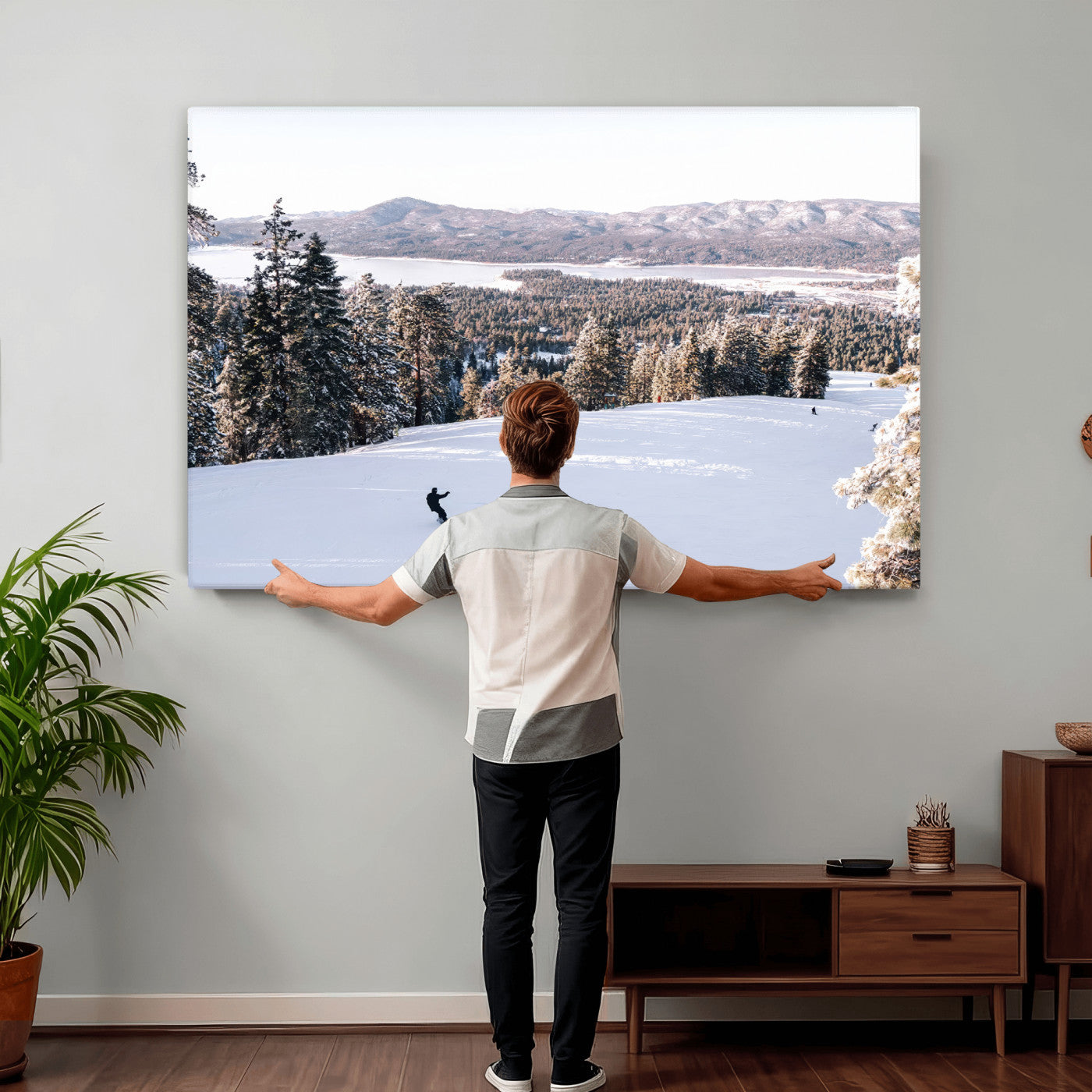 79857868-MGV-CV-36X24 - Snowboarder Wall Art – Winter Slope Canvas Print, Pine Forest, Snow-Covered Mountains, Outdoor Adventure for Living Room or Cabin Decor