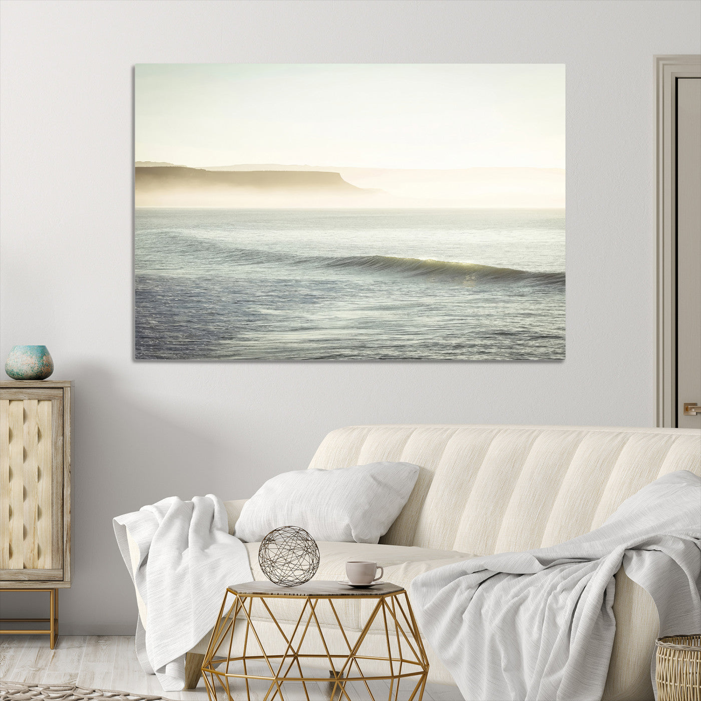 -Coastal Cliffs Wall Art Canvas Print, Framed Misty Ocean Art Picture Print, Soft Morning Perfect