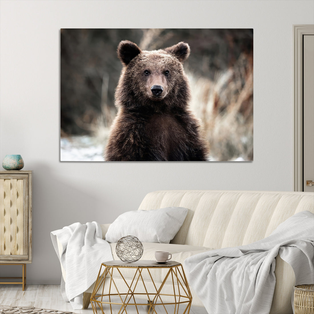Brown Bear Wall Art Canvas Print, Framed Majestic Woodland Wildlife Cabin Art