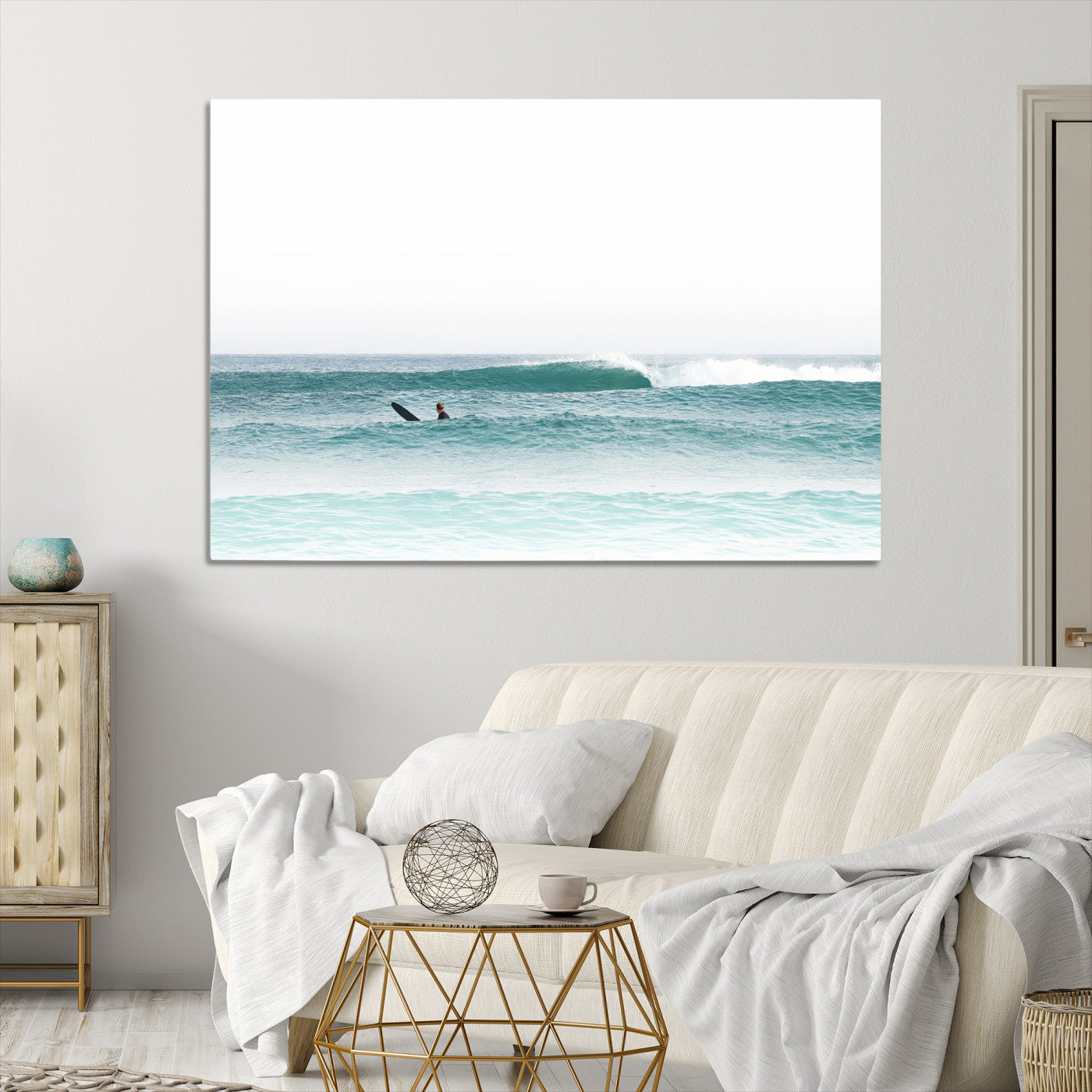 -Surfing Wall Art Canvas Print, Framed Ocean Art Picture Print, Waves Perfect Minimalist Decor for Living Room, Bedroom or Office