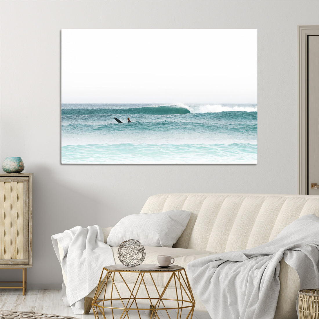 Surfing Wall Art Canvas Print, Framed Minimalist Ocean Waves Beach Art