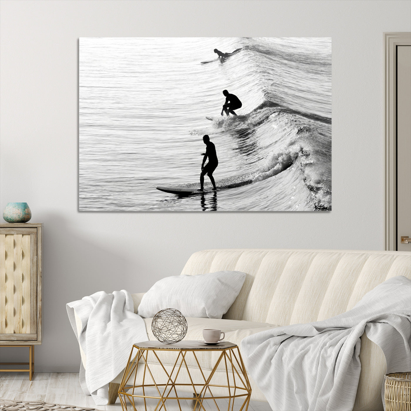 -Surfers on Waves Wall Art Canvas Print, Framed Black White Surf Art Picture Print, Monochrome Ocean