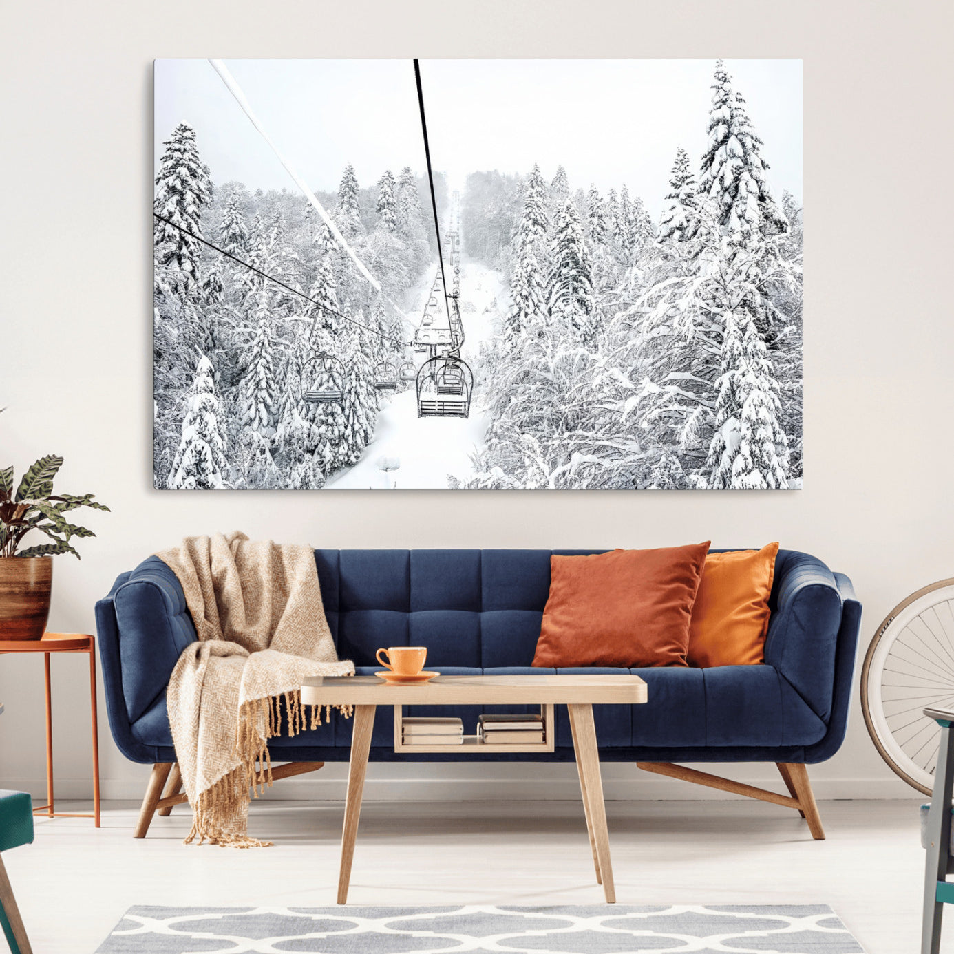 44705668-MGV-CV-36X24-Snowy Ski Lift Wall Art – Framed Winter Mountain Canvas Artwork, Serene Forest Design, Modern Nature Decor for Home, Office