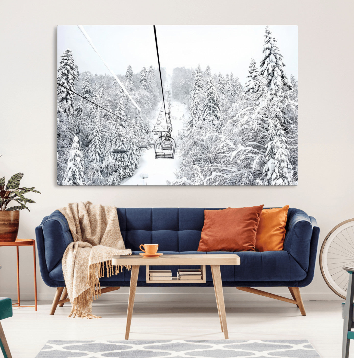 44705668-MGV-CV-36X24-Snowy Ski Lift Wall Art – Framed Winter Mountain Canvas Artwork, Serene Forest Design, Modern Nature Decor for Home, Office