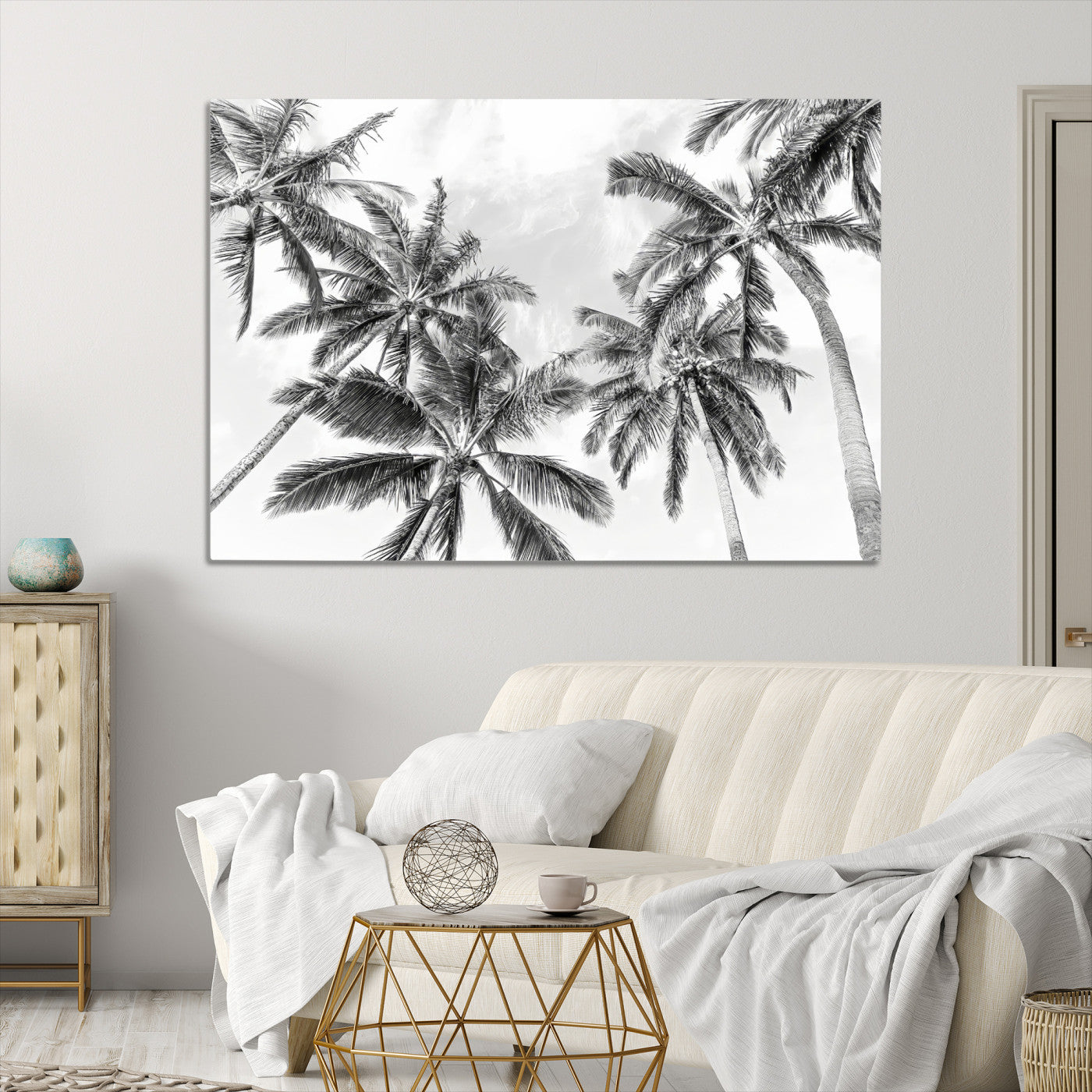62113786-MGV-CV-36X24-Black and White Palm Wall Art Canvas Print – Framed Monochrome Tropical Beach Scene Artwork for Modern Home, Office Decor